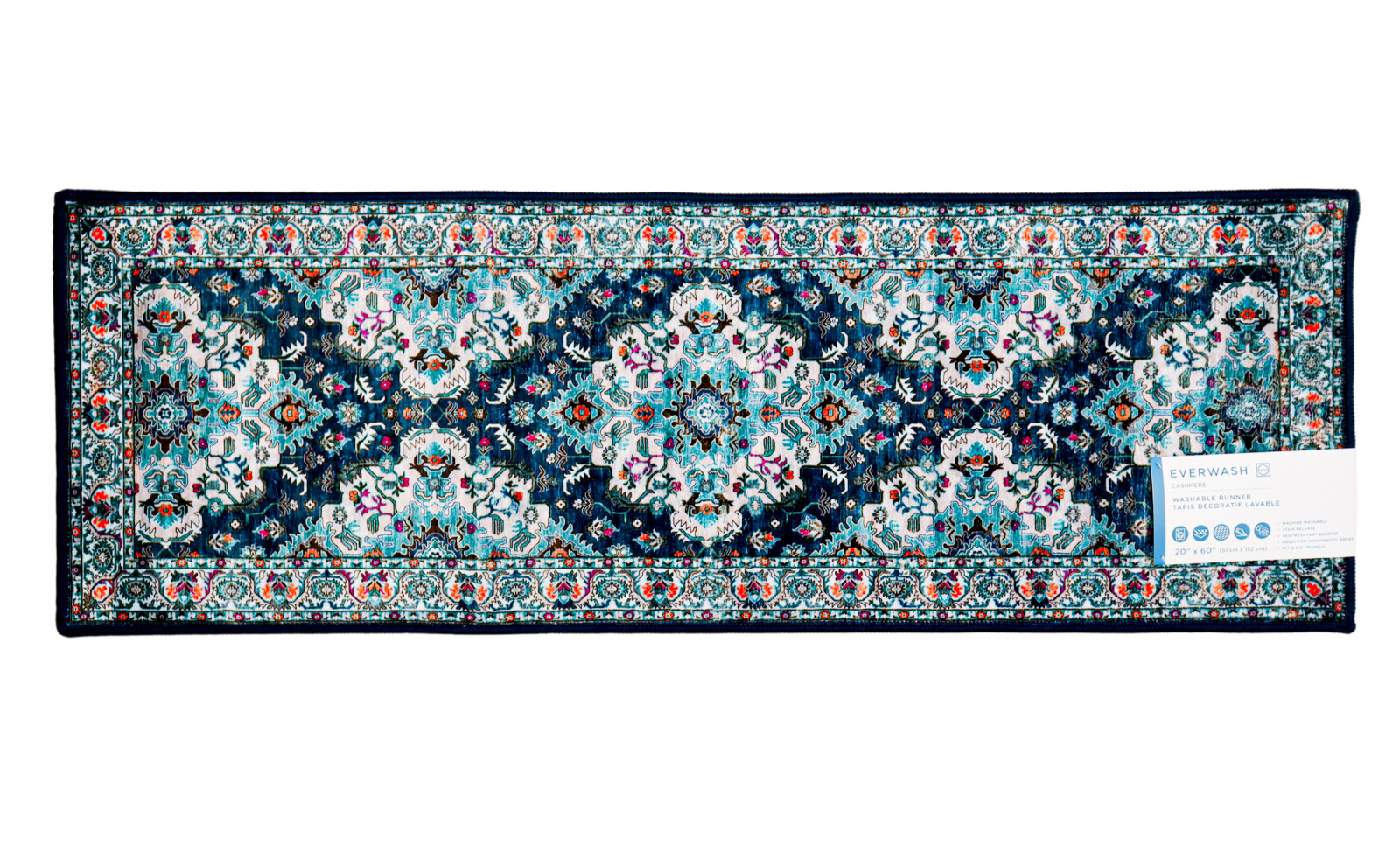 Super Soft EVERWASH Blue Cashmere Washable Runner Rug 20″ x 60″ Non-Slip