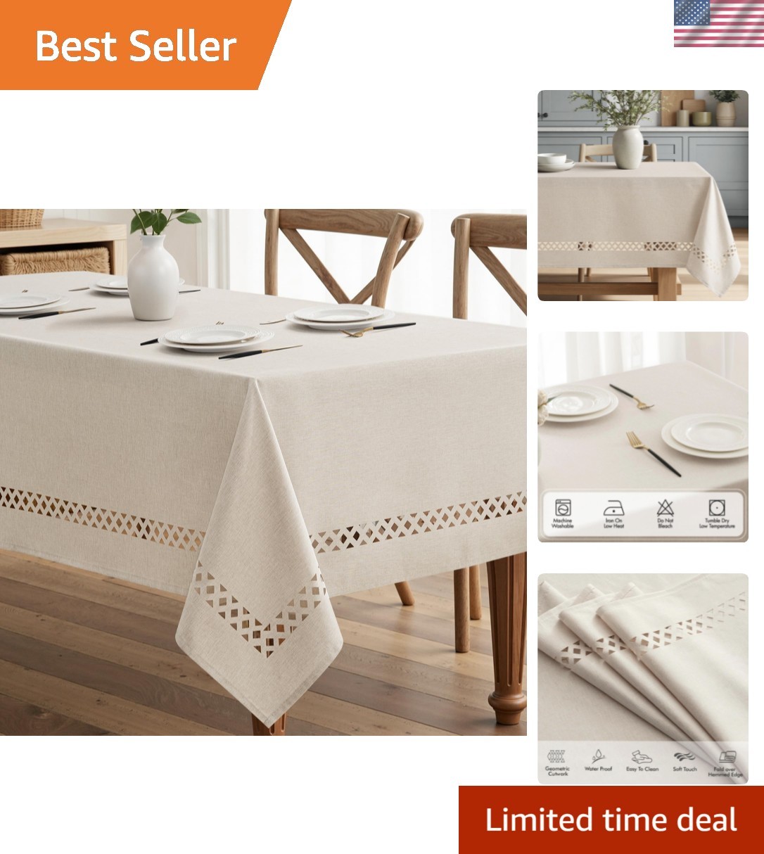 Beige Rectangle Linen Polyester Tablecloth with Decorative Cutouts Spring Wat…