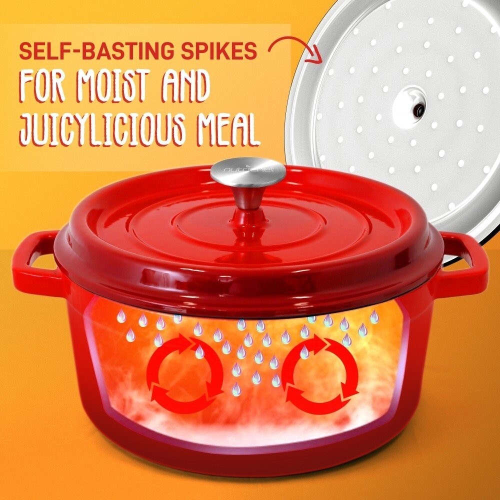 NutriChef 12.7 in x 9.8 in 5qt Dutch Oven Pot Cast Iron & Enameled Red