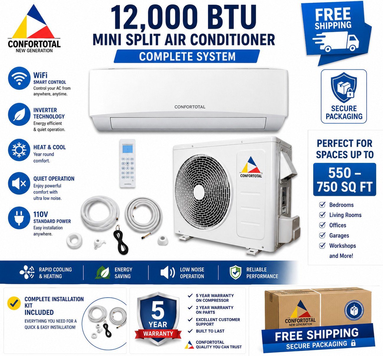 12000 BTU Mini Split Air Conditioner and Heat Pump 110V Ductless 1 Ton With WIFI