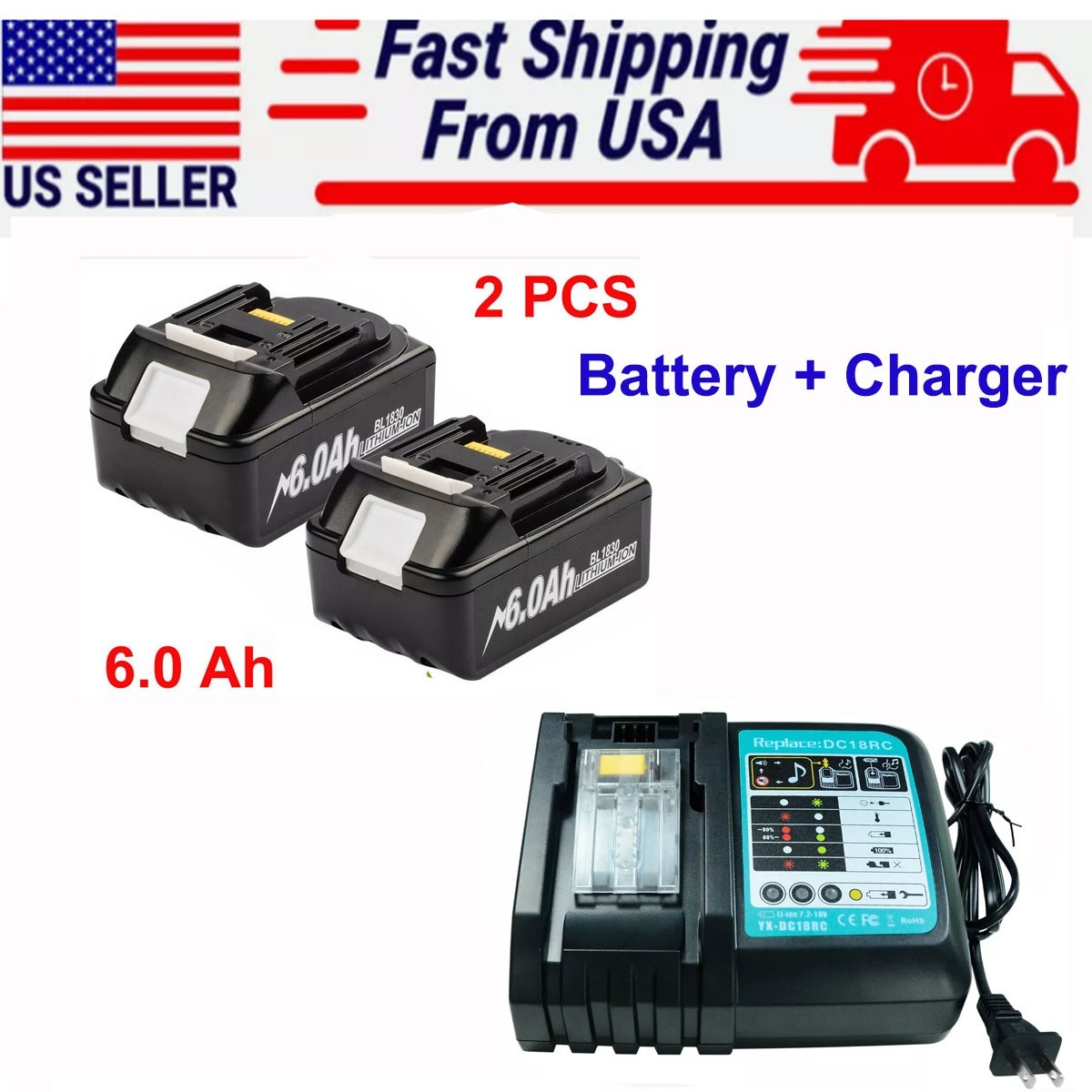 2 PCS 6.0Ah 18V Lithium Battery For Makita LXT BL1850 BL1830 BL1860 With Charger