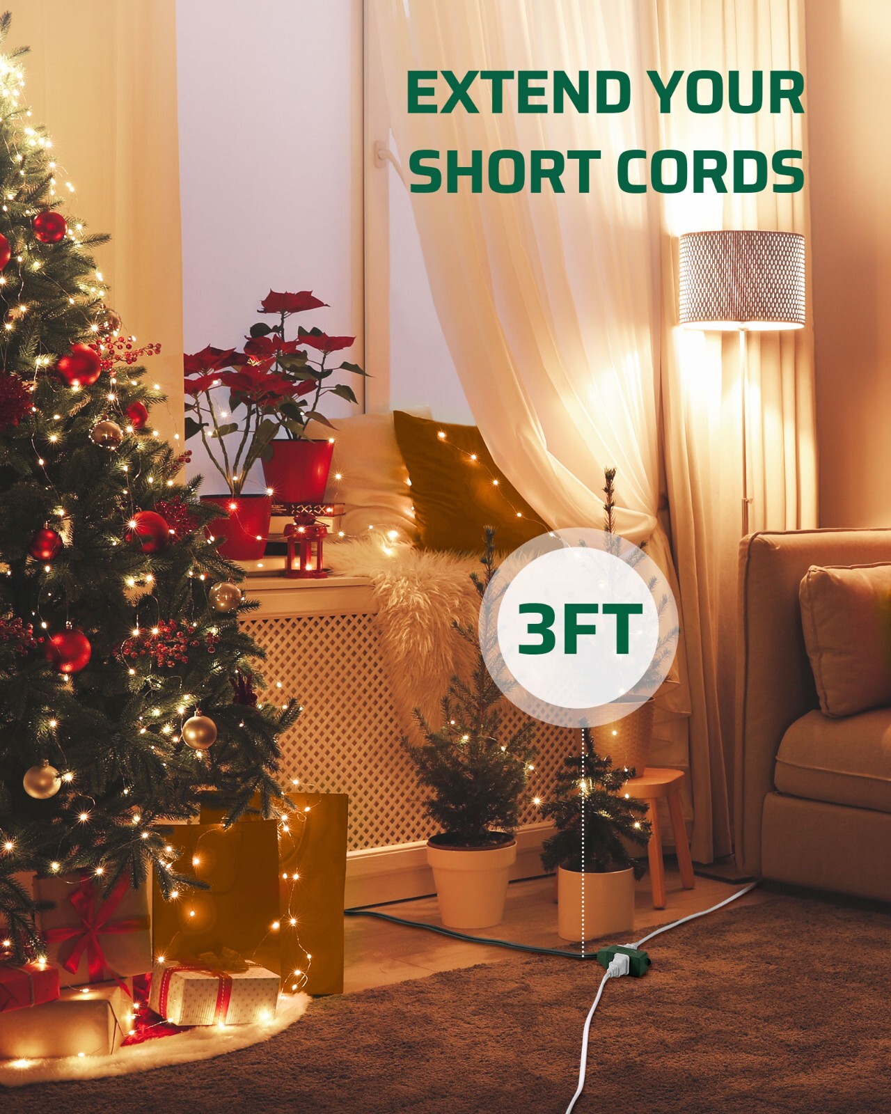 DEWENWILS 3-Pack 3 Ft Extension Cord with Multiple Outlets 2 Prong 16 AWG Green