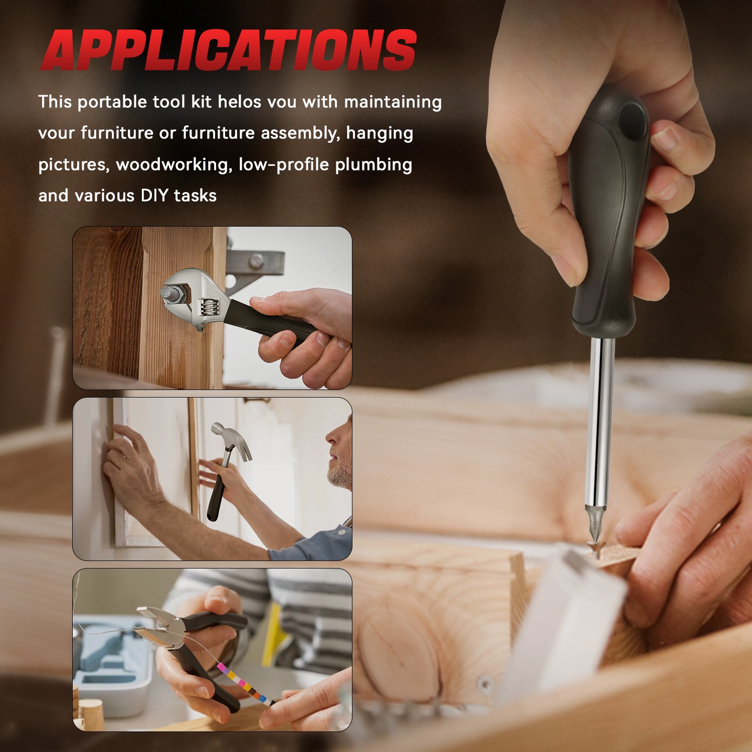 17Pc 12oz Rubber Face Hammer Adjustable Wrench Combination Plier Home Tool Kit