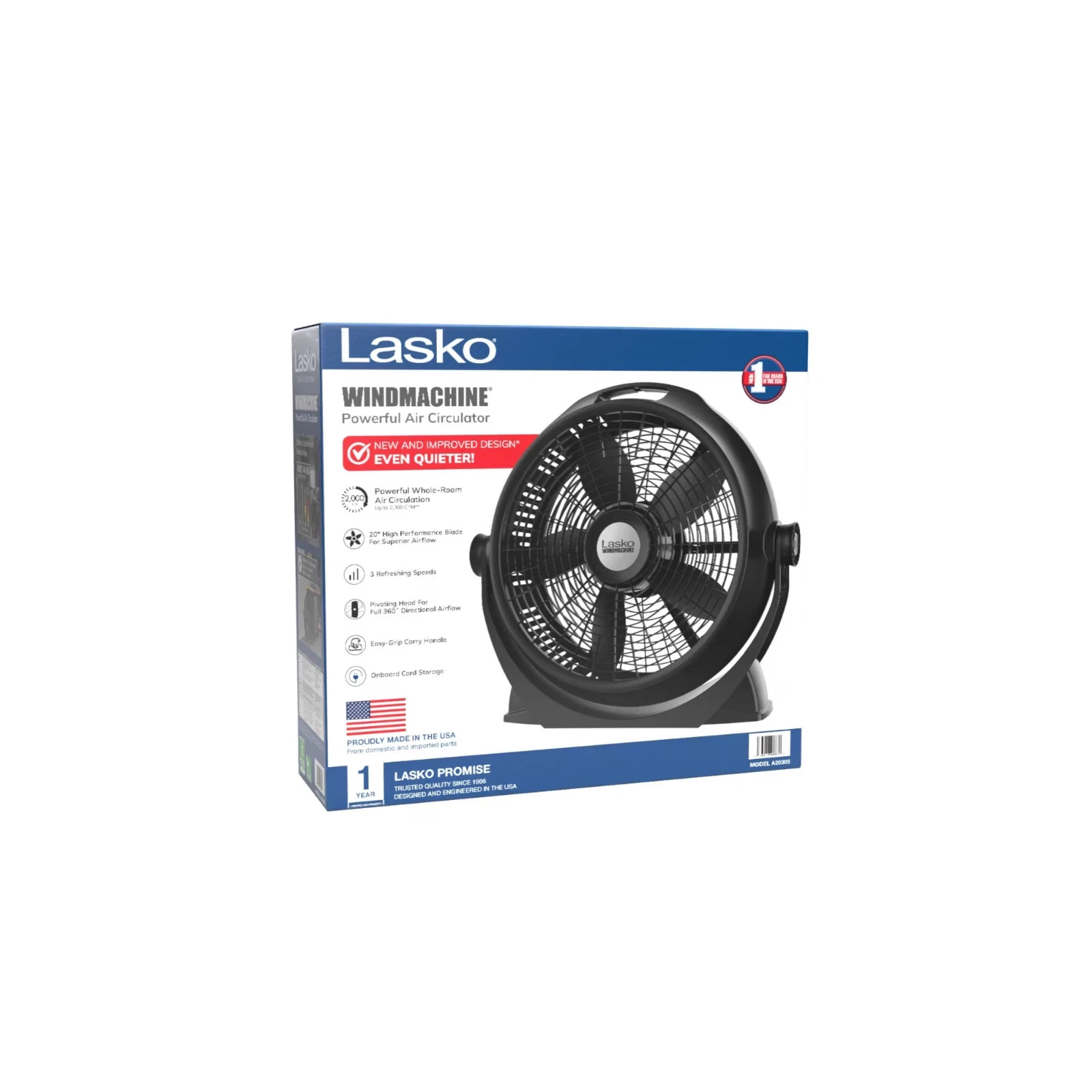 Lasko WindMachine 20″ Large Floor Fan, 3-Speed, Black, A20305