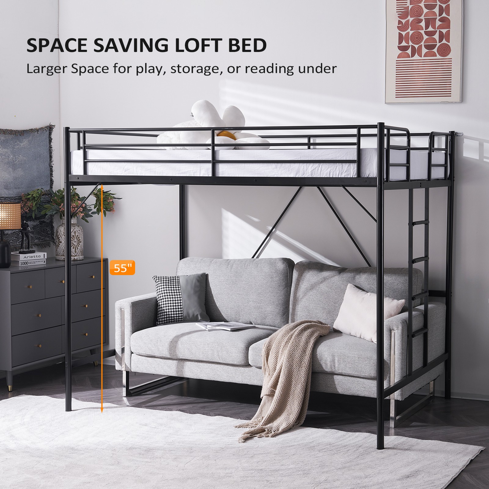 Metal Loft Bed with Built-in Ladders Loft Bed Full Size for Adults Kids Teens