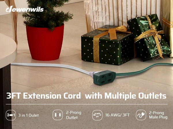 DEWENWILS 3-Pack 3 Ft Extension Cord with Multiple Outlets 2 Prong 16 AWG Green
