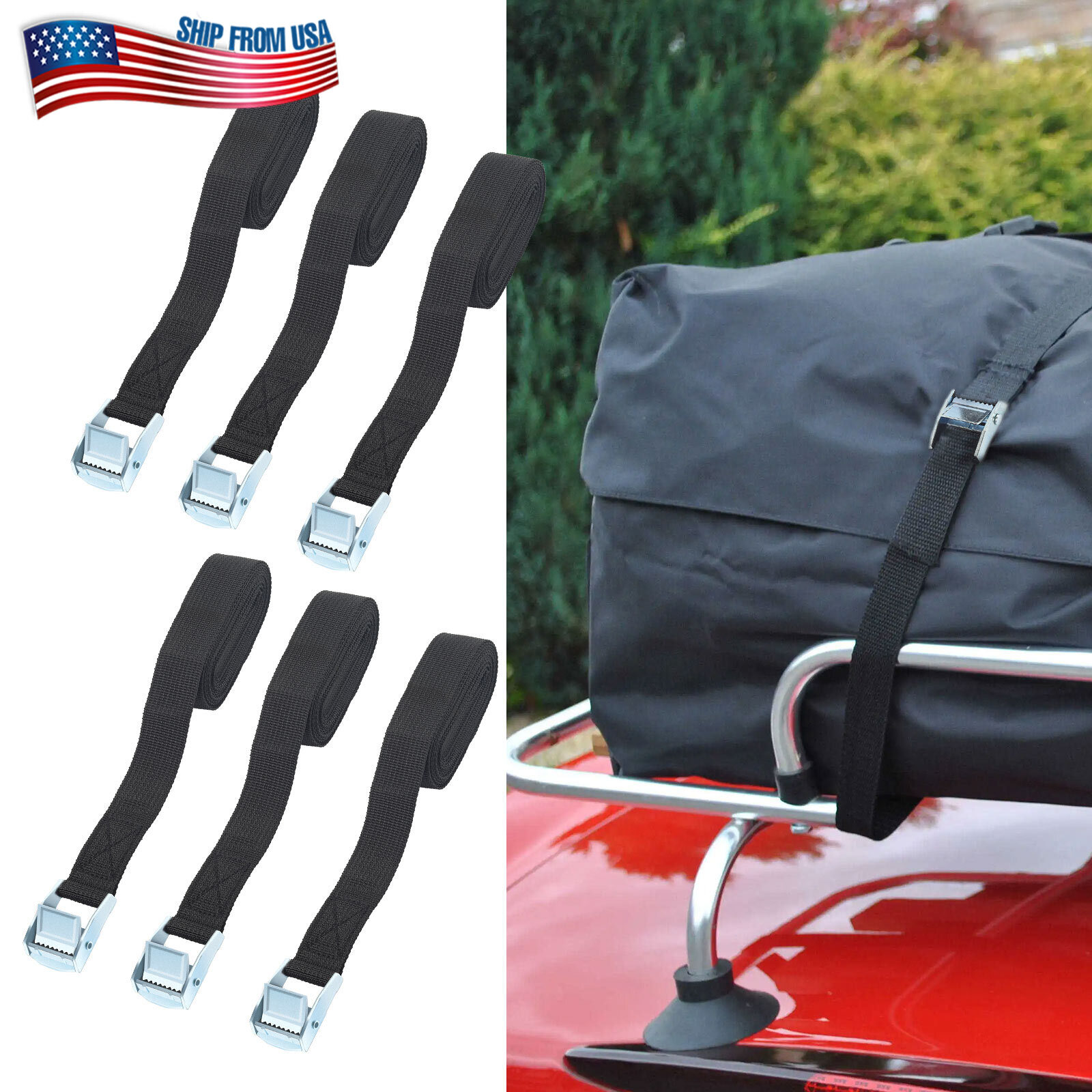 6pcs 1″x8′ Lashing Straps Cargo Luggage Tie Down Cam Buckle Car Roof Rack Cinch