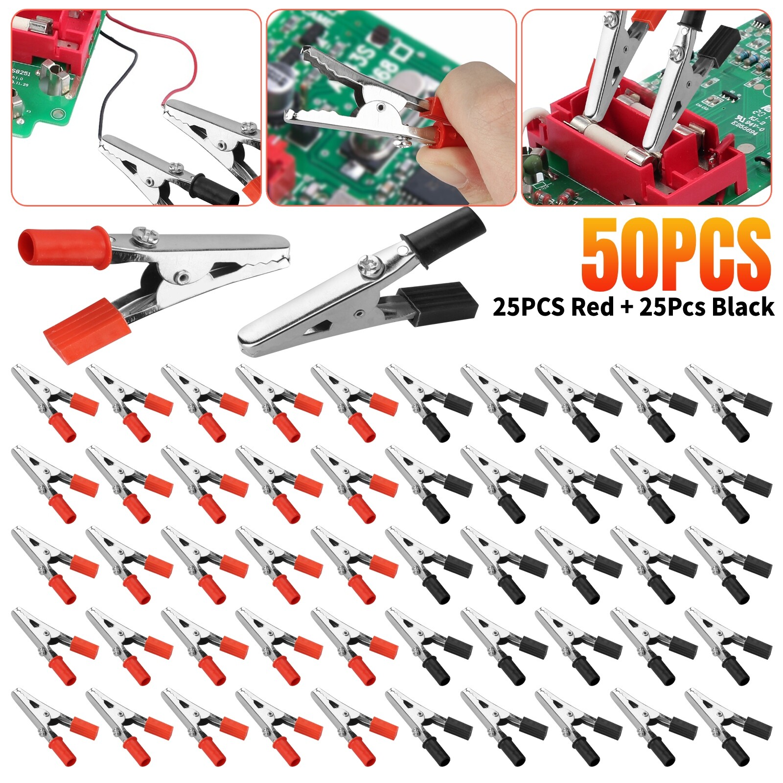 50Pcs Electrical Test Clamps Metal Alligator Clips with Red & Black Handle Bulk