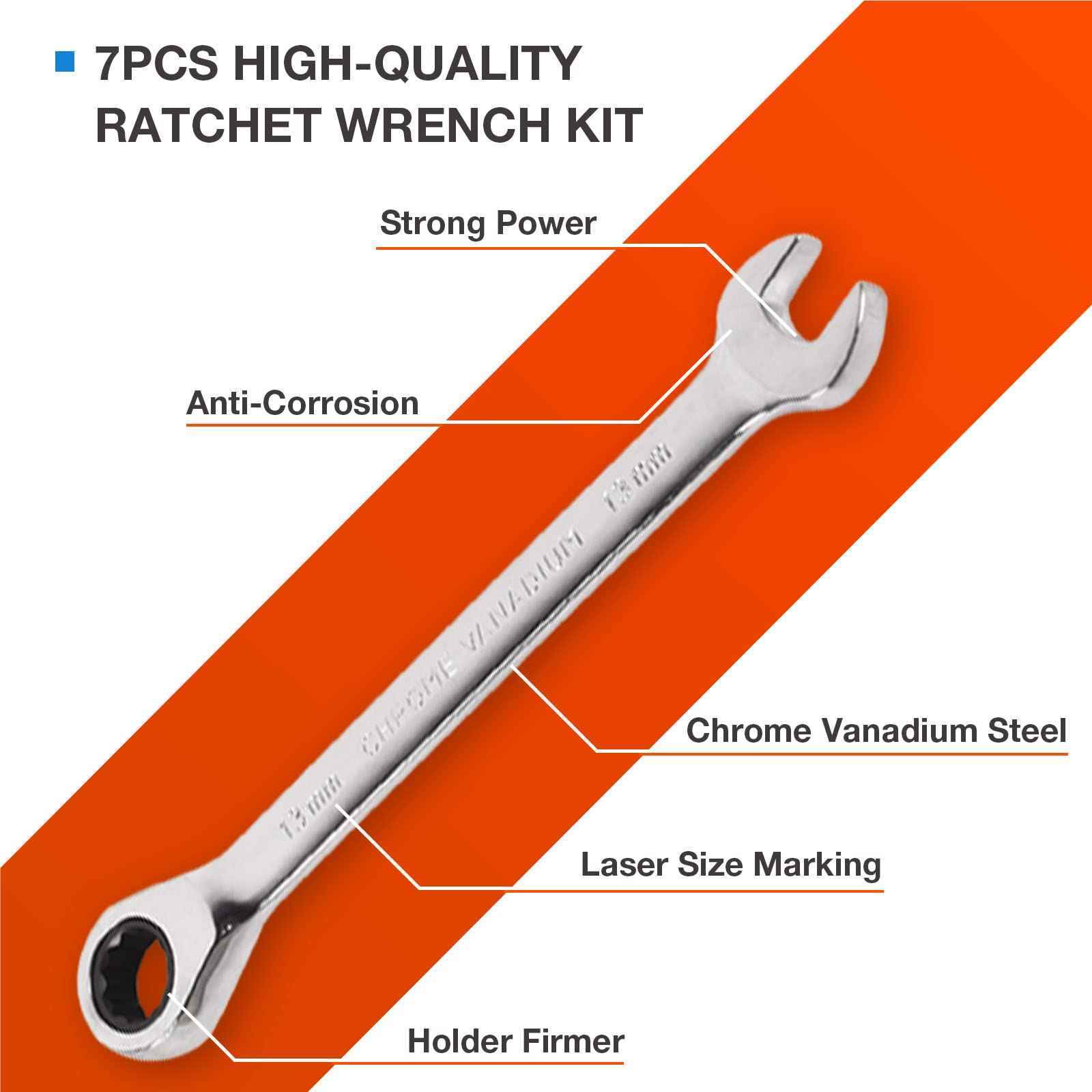 7 Pcs 8mm-19mm Ratchet Wrench Combination Set Open End Standard Garage Tool Set