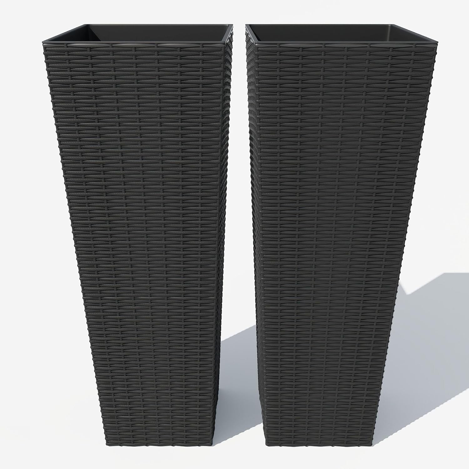 GARVEE Tall Outdoor Planters 2-Pack 24″ & 32″ Wicker Flower Pots with Drainage