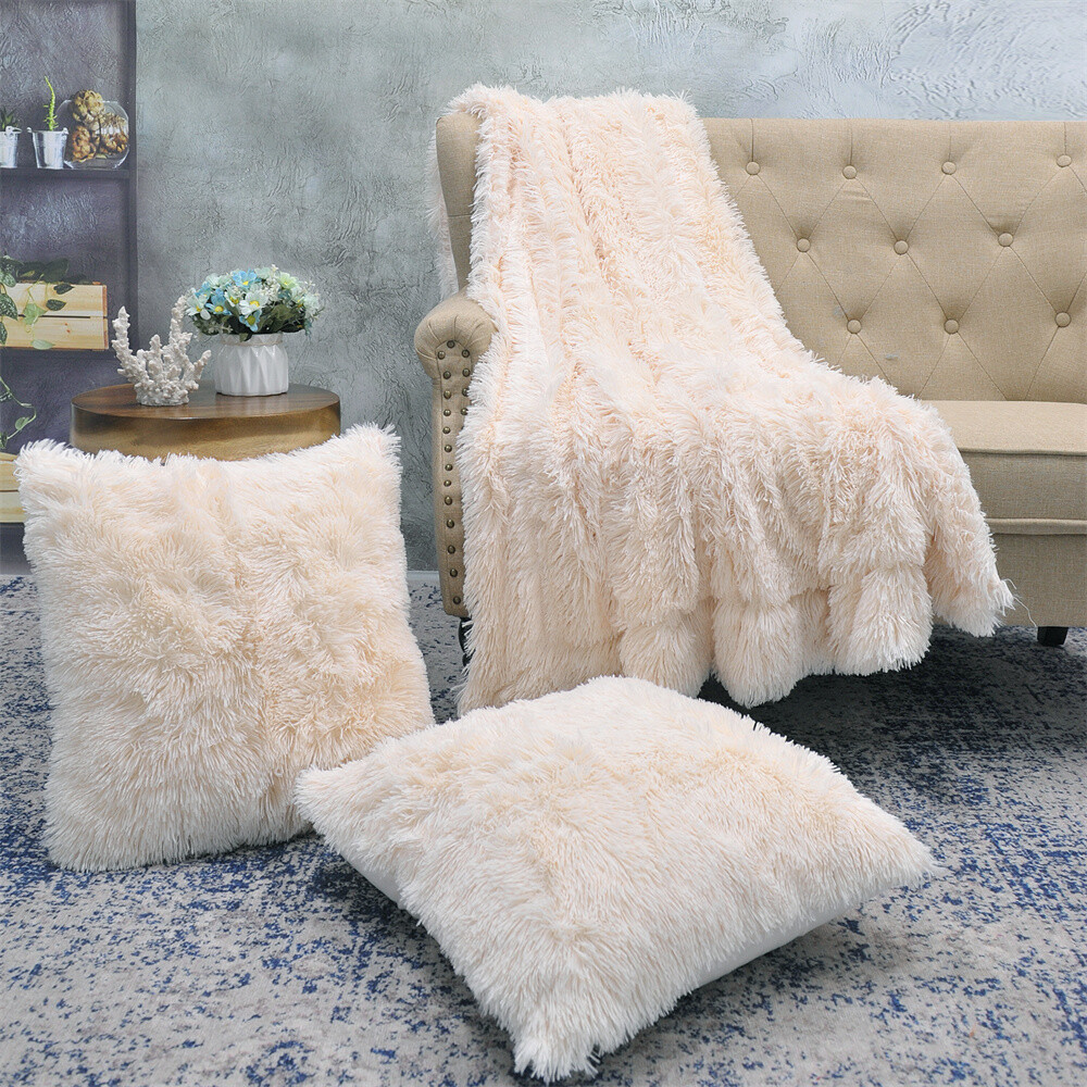 HST Fuzzy Shaggy Faux Fur Throw Blanket and Pillow Cover 3 Piece Set Plush Soft
