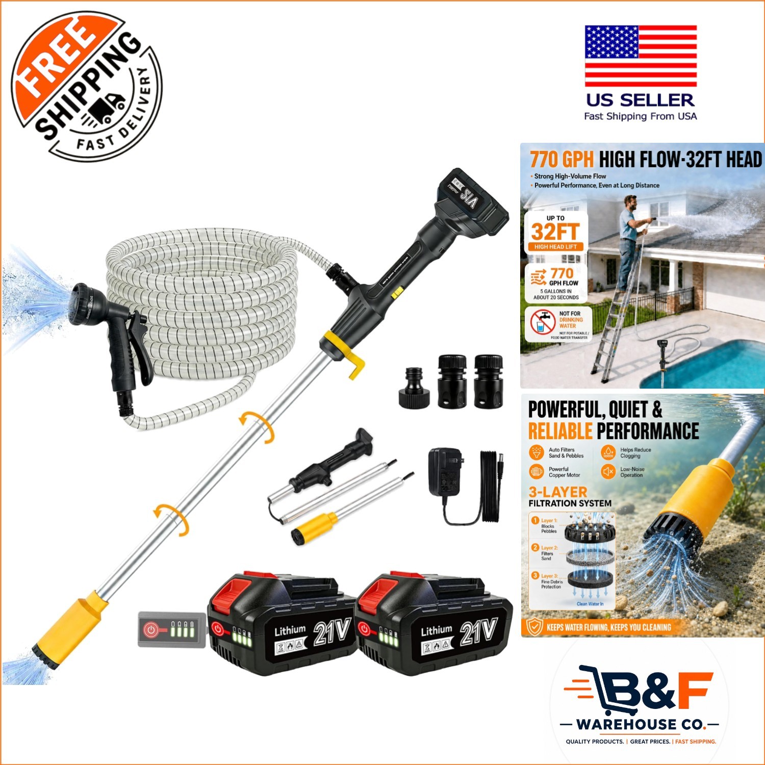 Efficient Cordless Water Pump – 32FT Lift, Triple-Layer Filtration, 2 Batteries