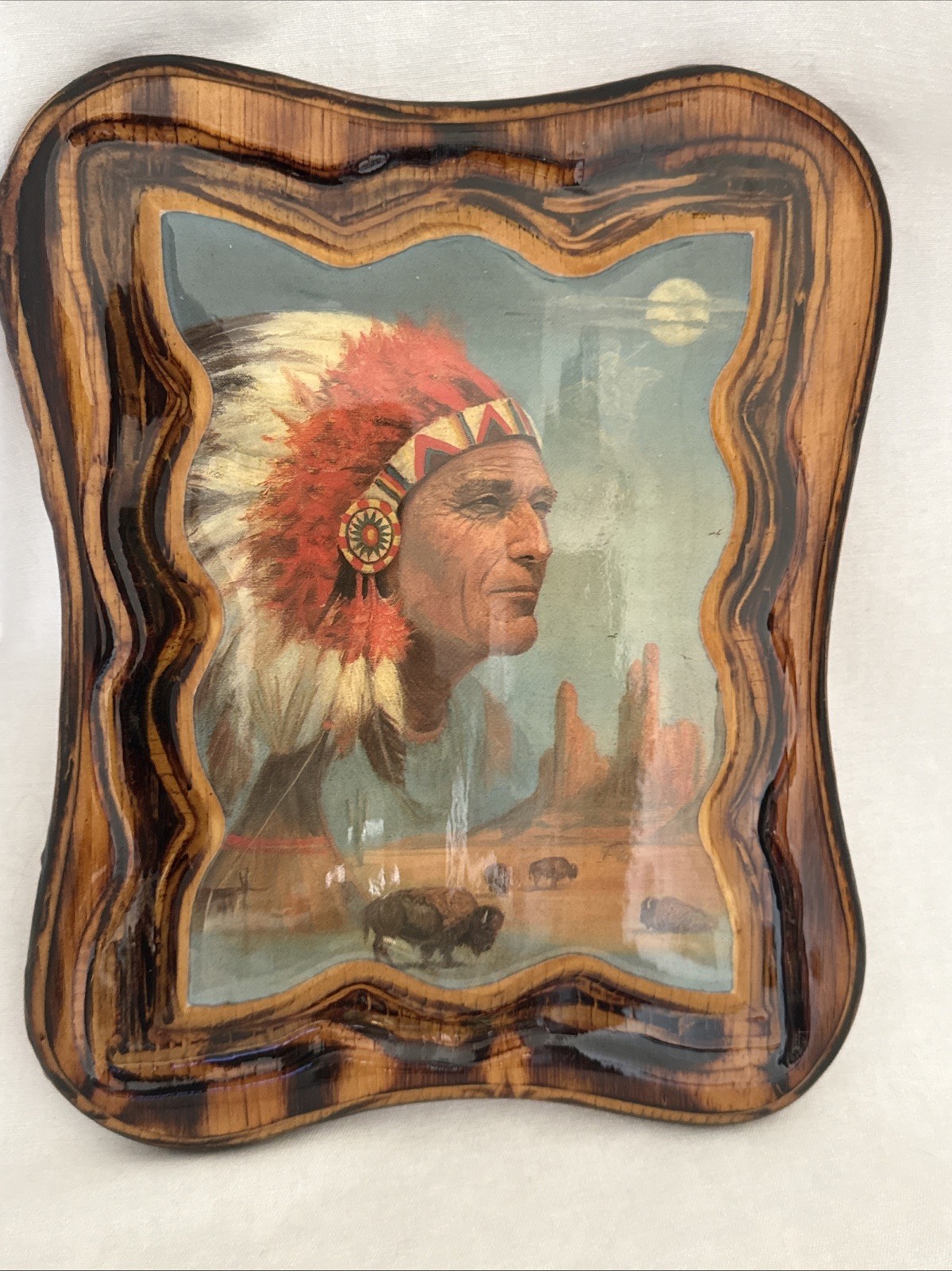 Vintage Native American Lacquered Oval Wood Plaque Chief Beautiful