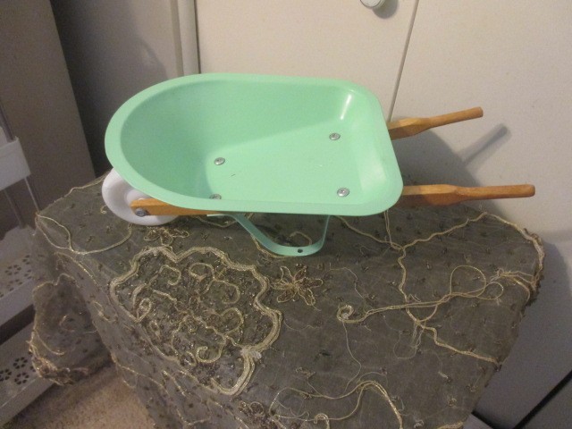 Small Green Metal Wheelbarrow Wheel barrel Garden Decor Planter Display