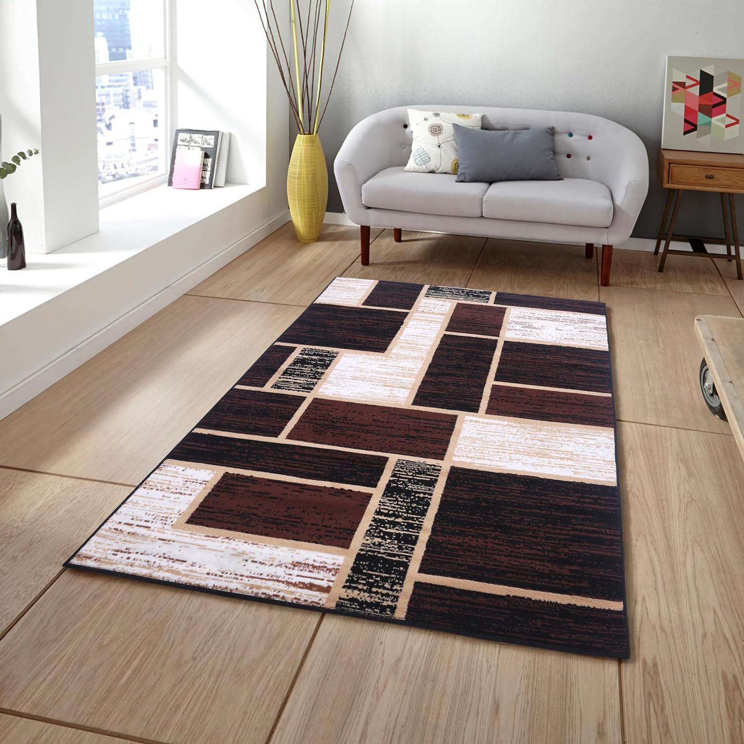 Contemporary Modern Area Rug or Runner Black Geometric Blocks CARPET