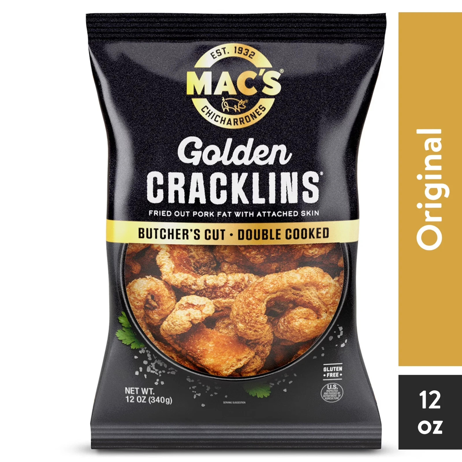Mac’s Chicharrones Golden Cracklin Curls, Fried Pork Fat with Skin, 12 oz, 2Pack