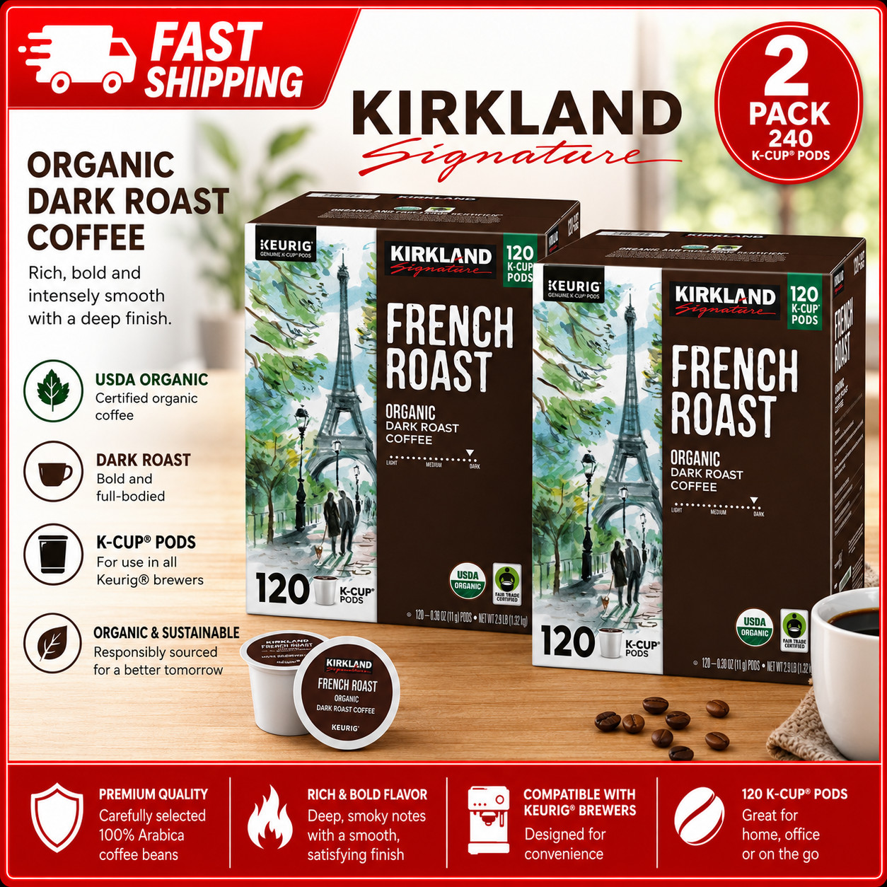 2 Pack-Kirkland Signature Organic French Roast Coffee, Keurig K-Cup Pods, 120ct
