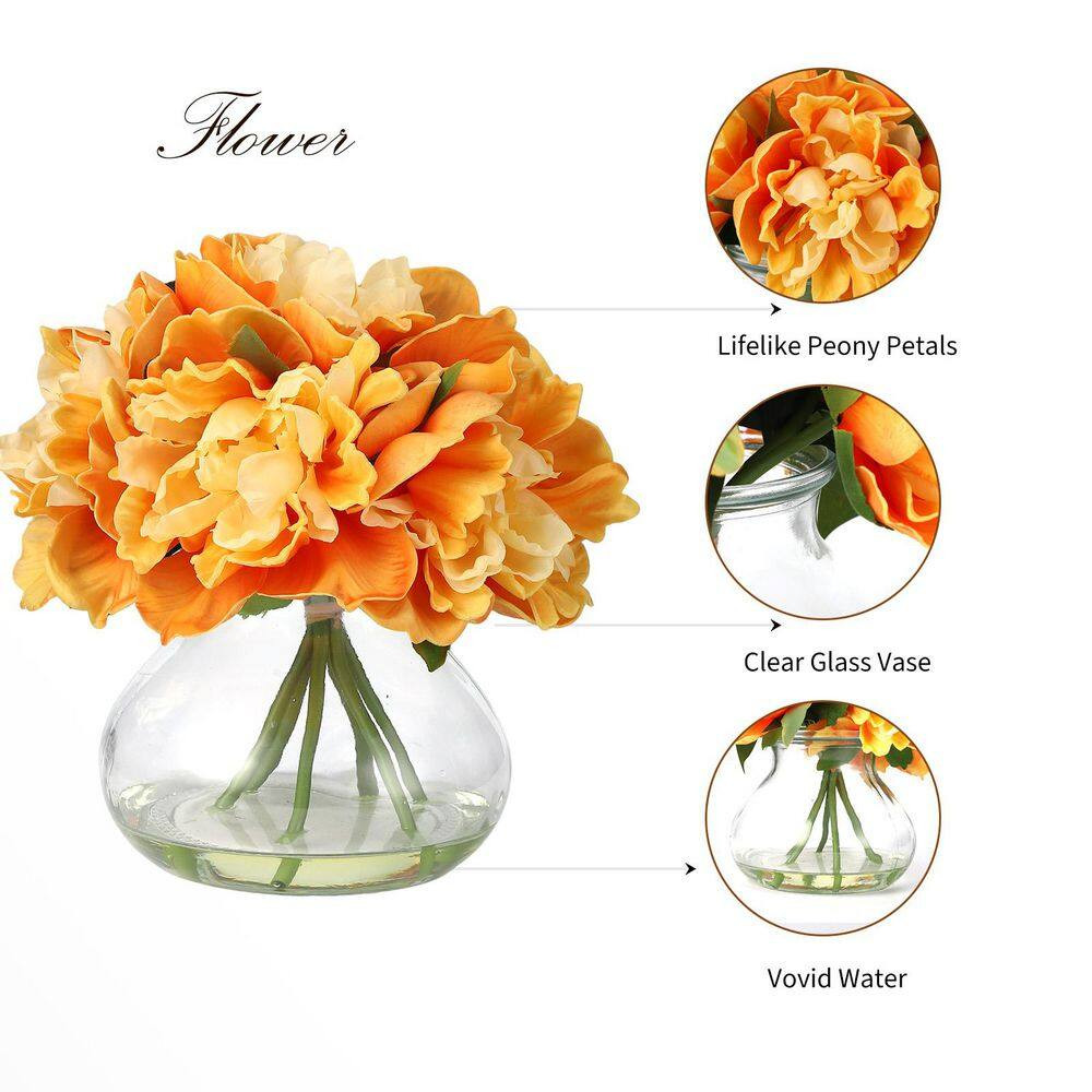 9.8 In. Orange Artificial Peonies Floral Arrangement in Glass Vase