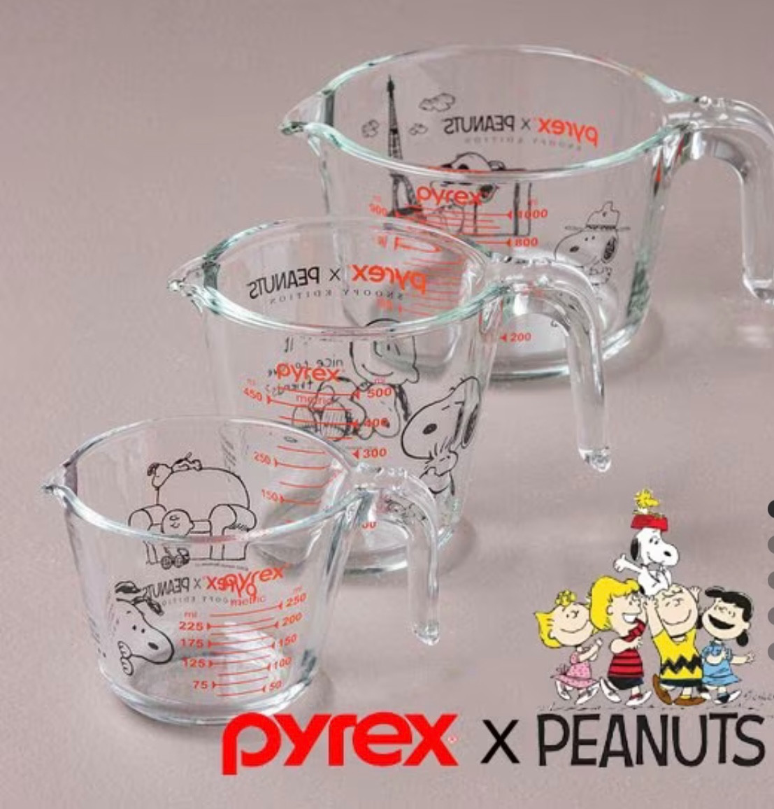 Pyrex x Snoopy Measuring Cup Tempered Glass Heat Resistant 3 Size set
