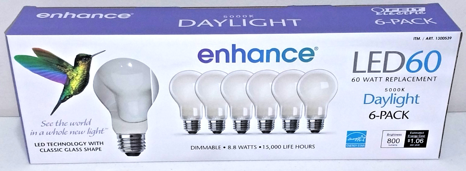 6 pack FEIT Dimmable LED Enhance DAYLIGHT Light Bulbs (8.8w =60W) LED60 #1300539