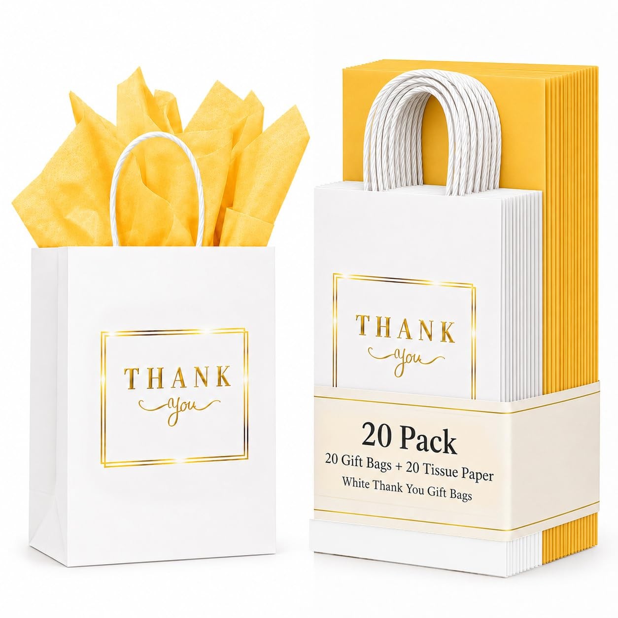 20 Pack White Thank You Gift Bags with Handles, 5.9×3.15×8.26 In