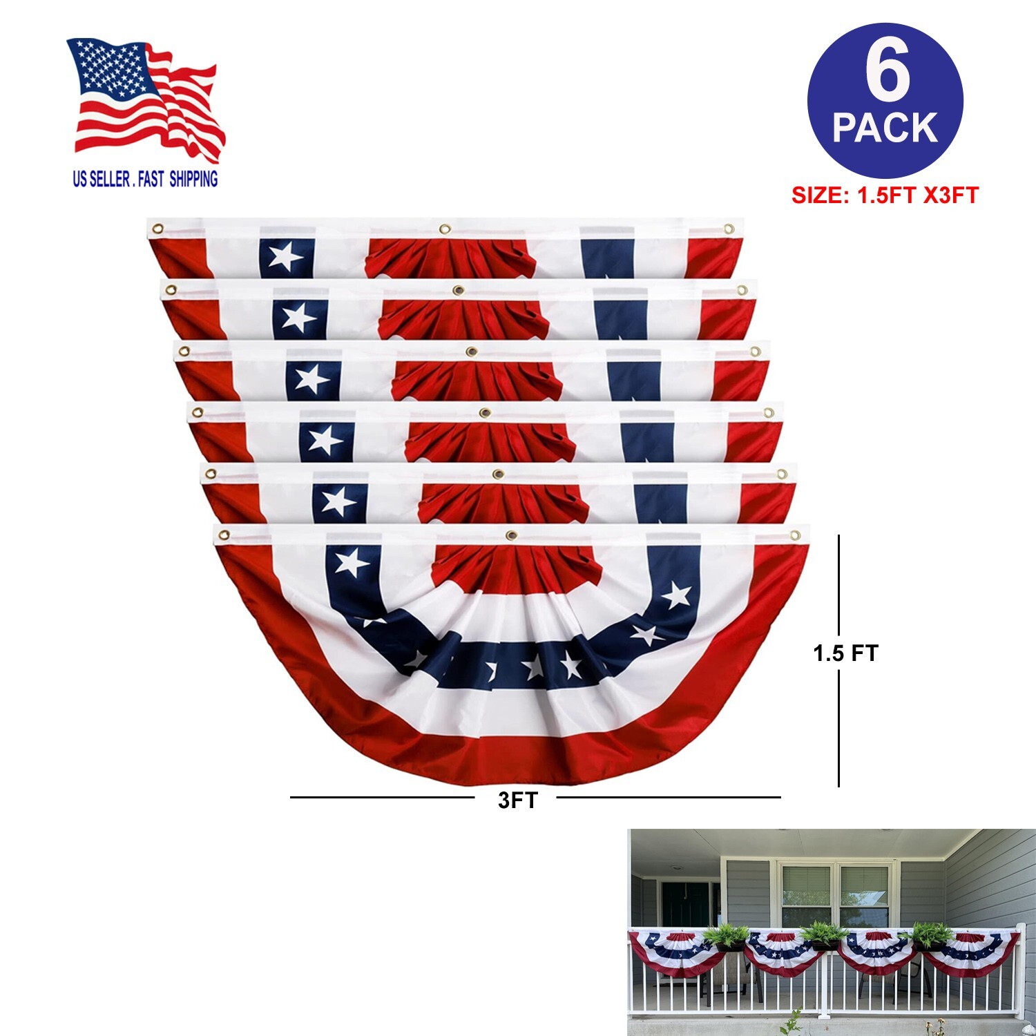 6 Pack USA Pleated Fan Flag 1.5×3 Feet American US Bunting Flags Half Fan Banner