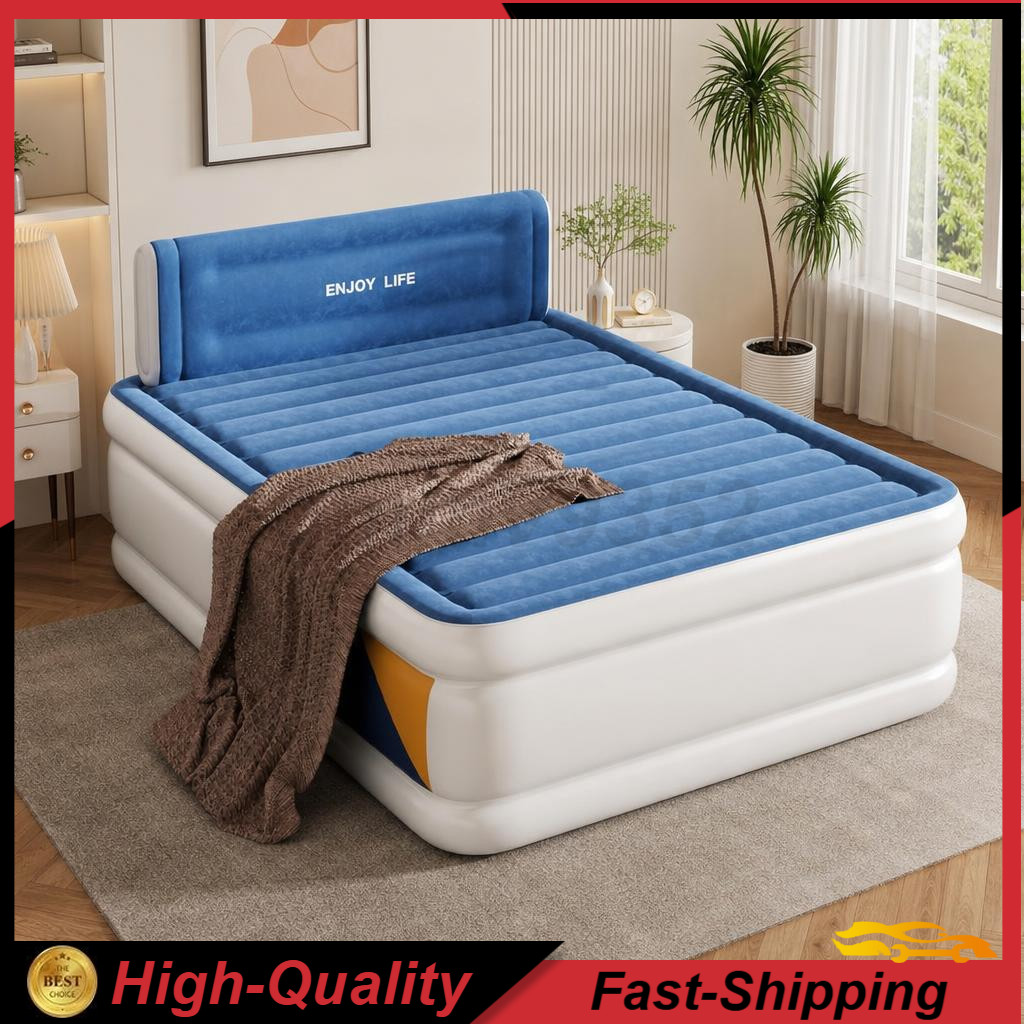Queen Inflatable Air Bed Mattress W/ Built-in Pump Backrests Blue 203x152x36cm