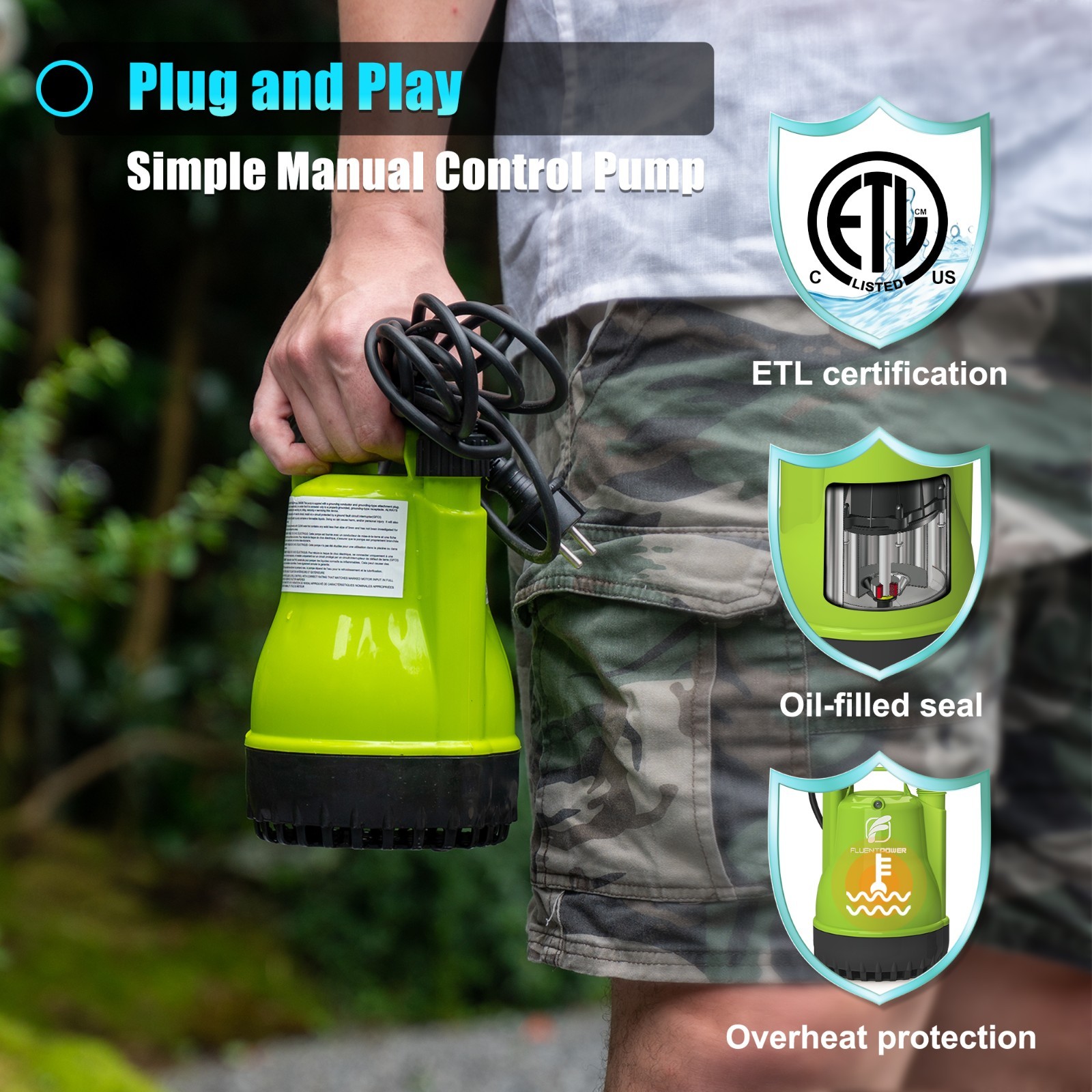 FLUENTPOWER 1/4HP Utility Pump 1900GPH Submersible Sump Pump With Manual Control