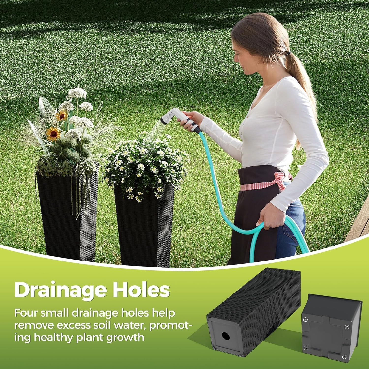 GARVEE Tall Outdoor Planters 2-Pack 24″ & 32″ Wicker Flower Pots with Drainage