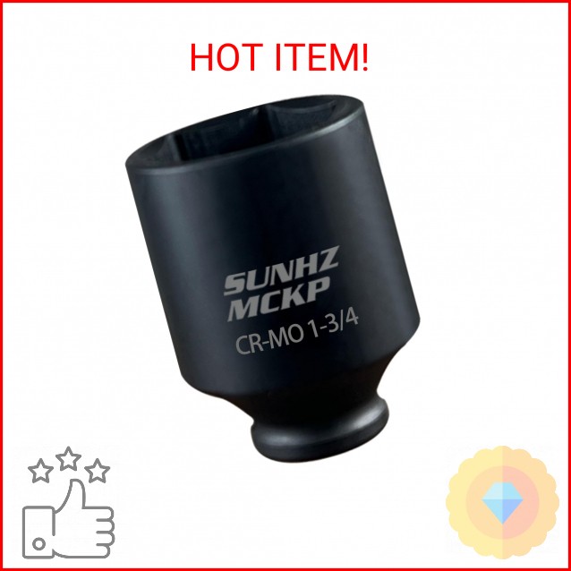 SUNHZMCKP 1/2 Inch Drive Impact Socket, SAE 1-3/4 In Deep Socket, CR-MO, 6 Point
