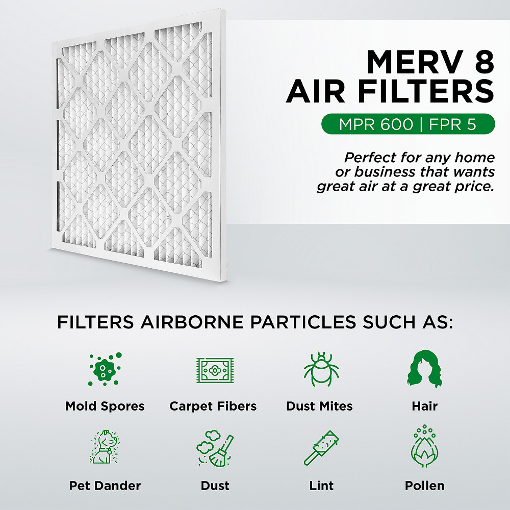 20x25x2 MERV 8 Pleated AC Furnace Air Filters. 12 Pack