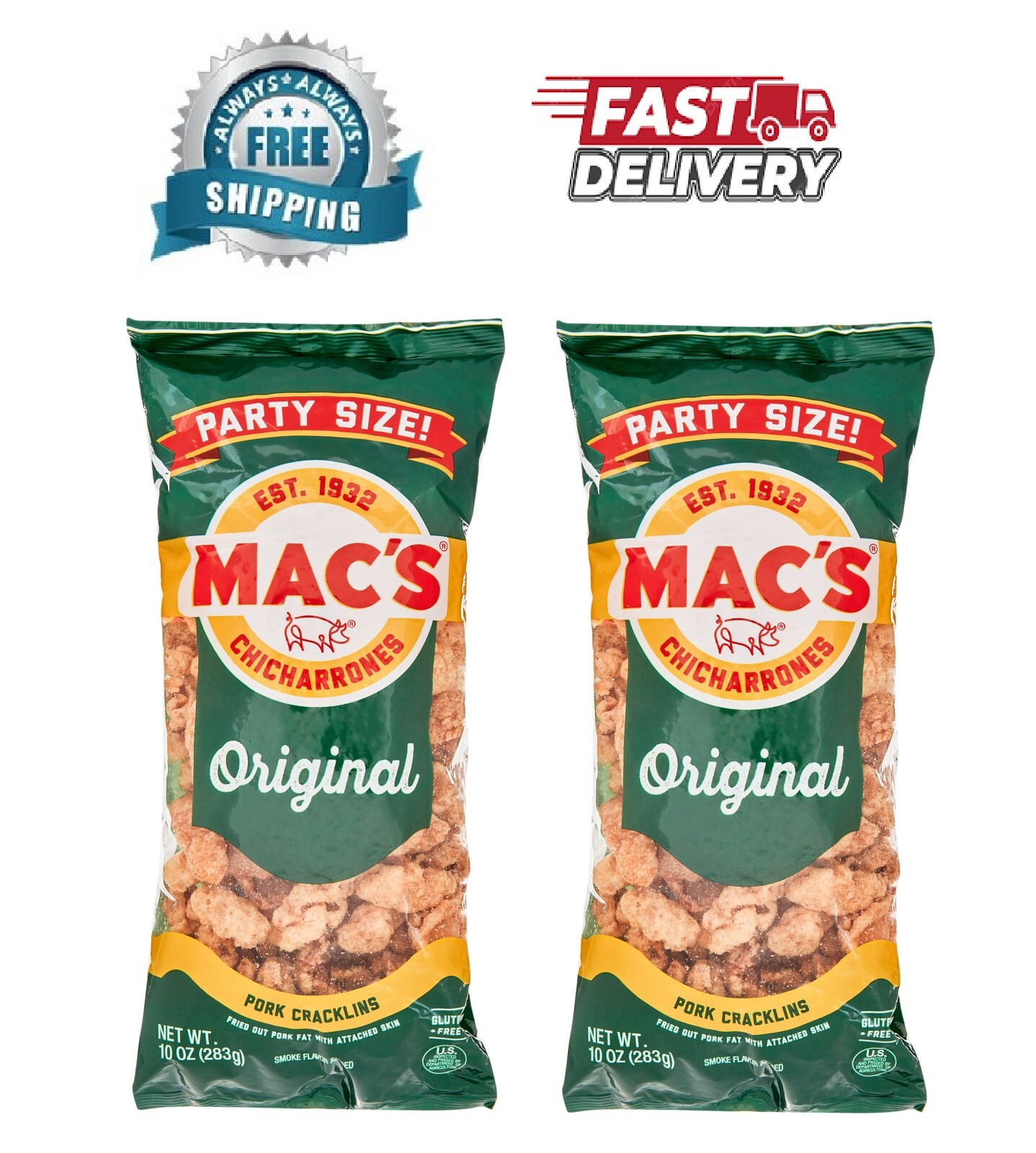 Mac’s Chicharrones Original Flavored Cracklin Curls, Fried Pork 10 oz 2ct New