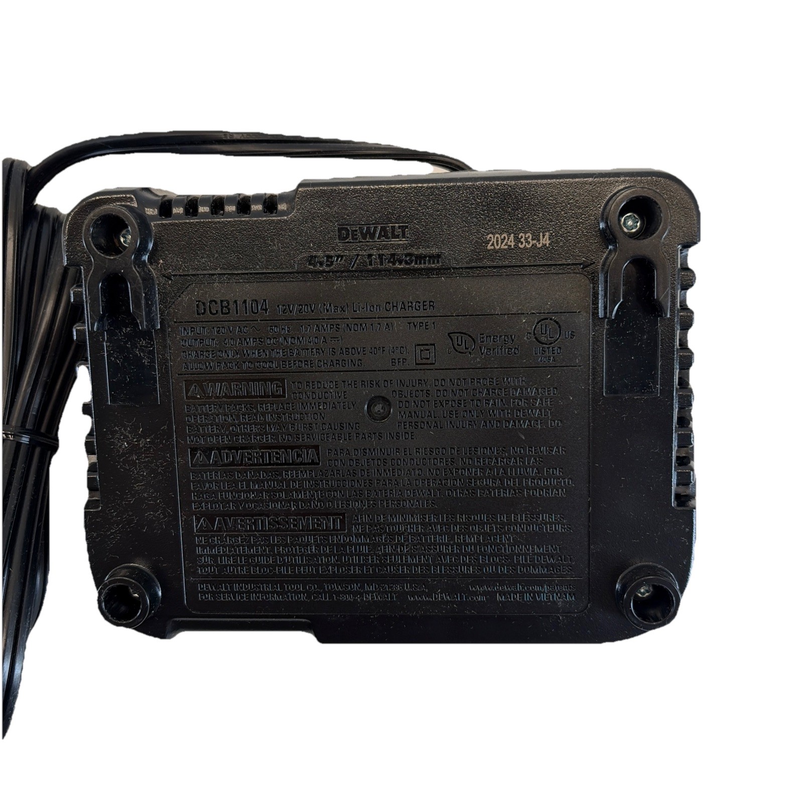 DeWalt 4 Amp Battery Charger 12V & 20V Volt MAX Li Ion Model DCB1104