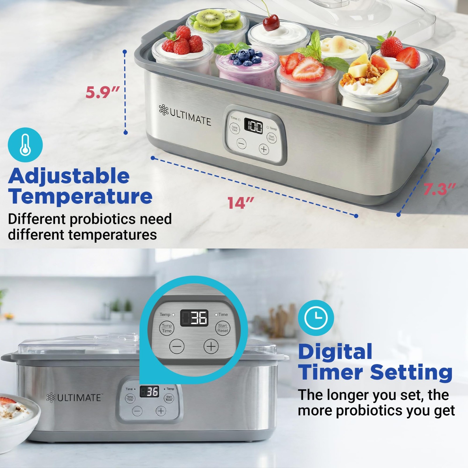 Ultimate Probiotic Yogurt Maker Adjustable Temperature & Time Control, 8 Jars