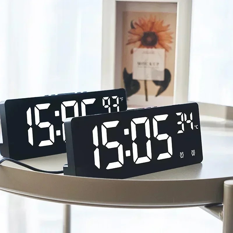 Large Digital Alarm Clock LED Temperature Voice Control Dual Alarm Snooze 12/24H