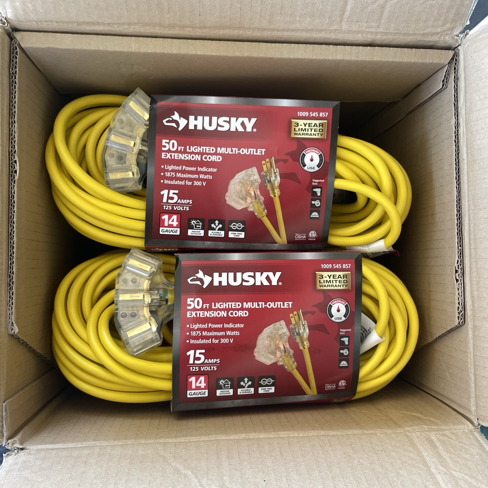 Husky 50 ft. 14/3 Medium Duty Extension Cord with Multiple Outlet Triple Tap