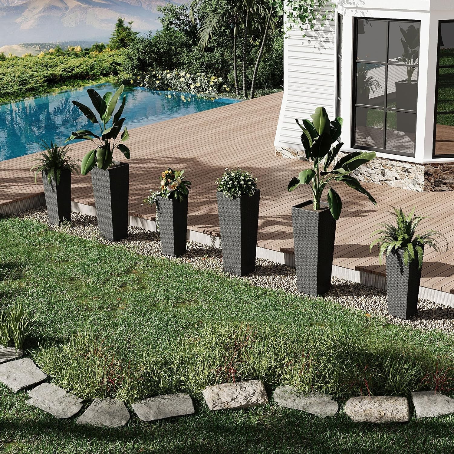 GARVEE Tall Outdoor Planters 2-Pack 24″ & 32″ Wicker Flower Pots with Drainage