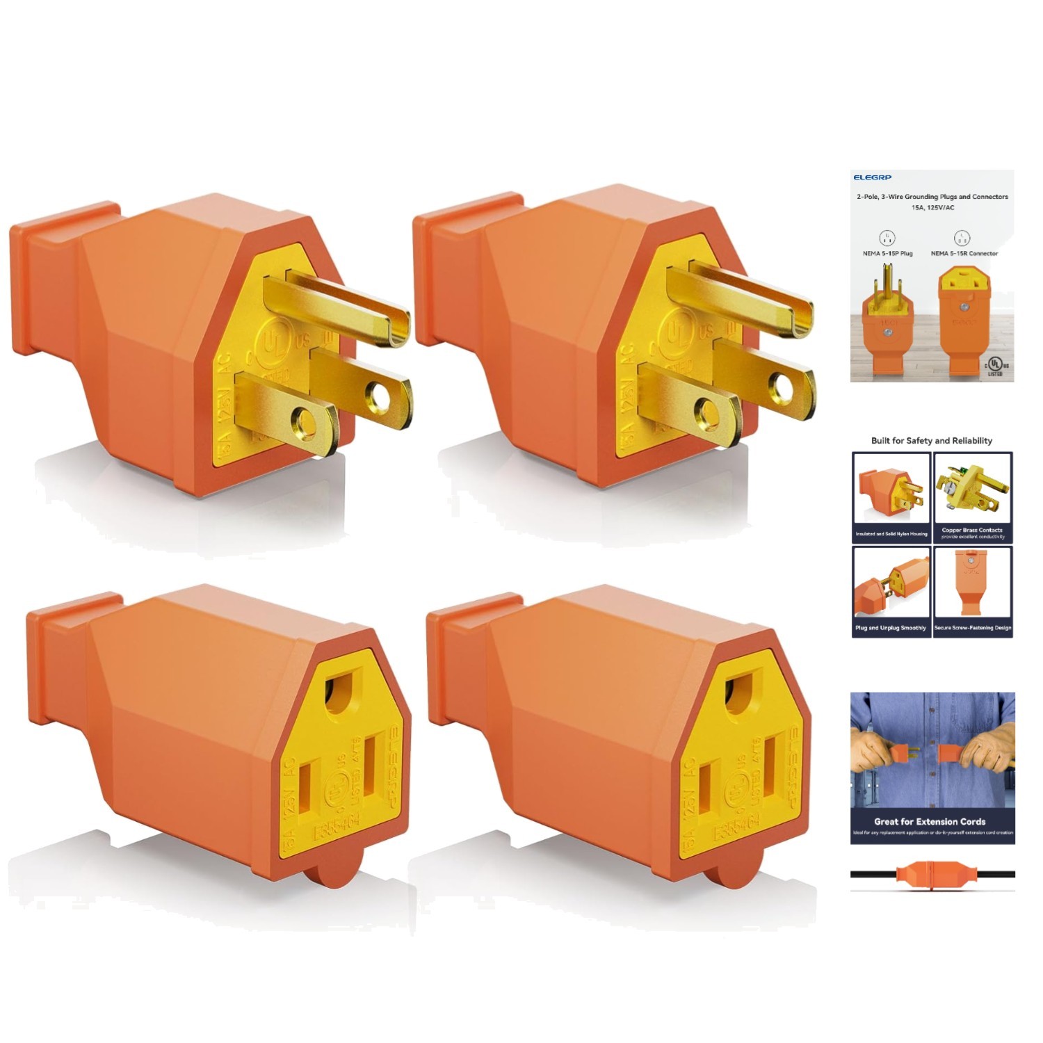 Toughened Brass Plug & Connector Set, Listed, 2x 15A 125V Replacement Ends