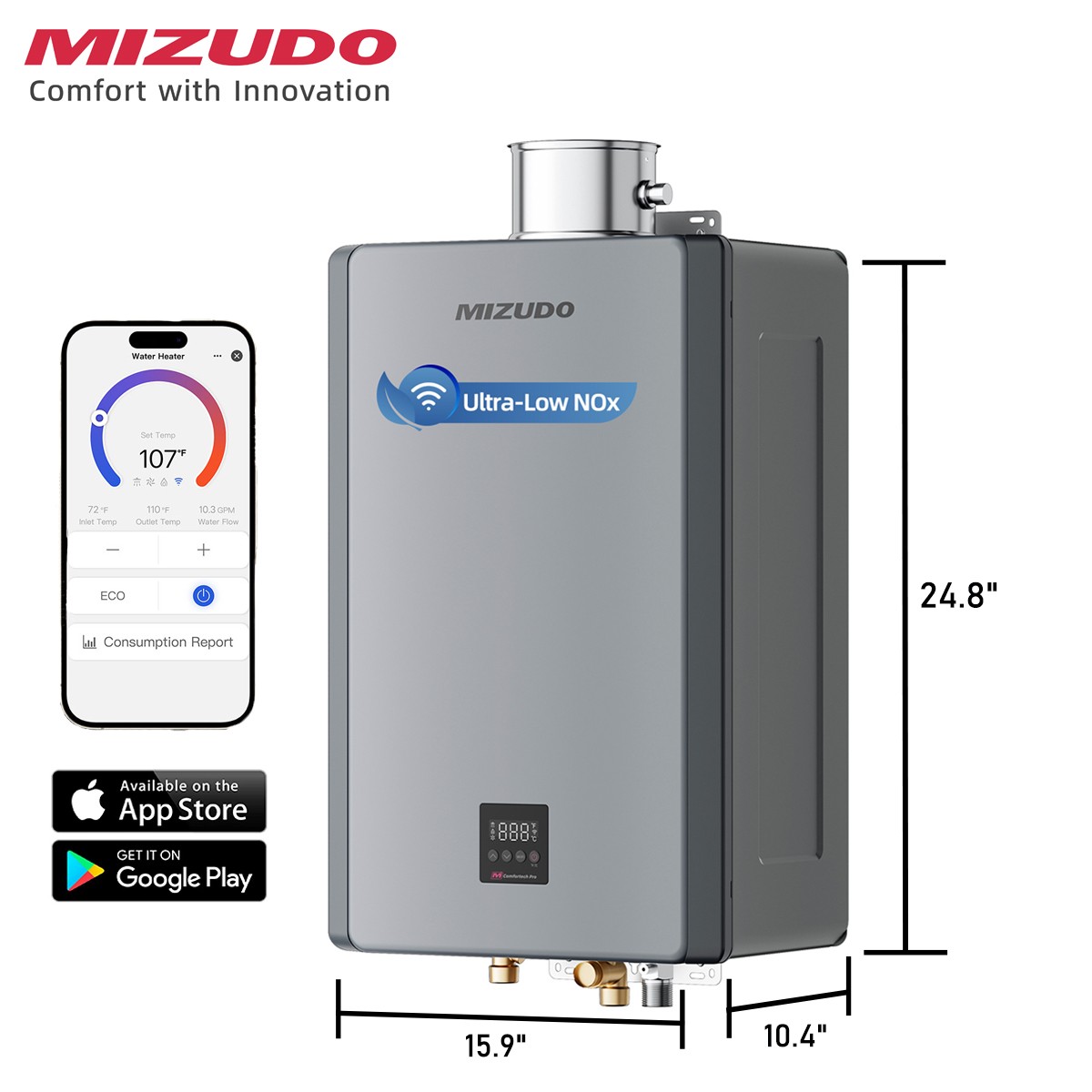 MIZUDO WIFI 199,000 BTU Tankless Water Heater 10.3GPM Non-Condensing Unit Indoor