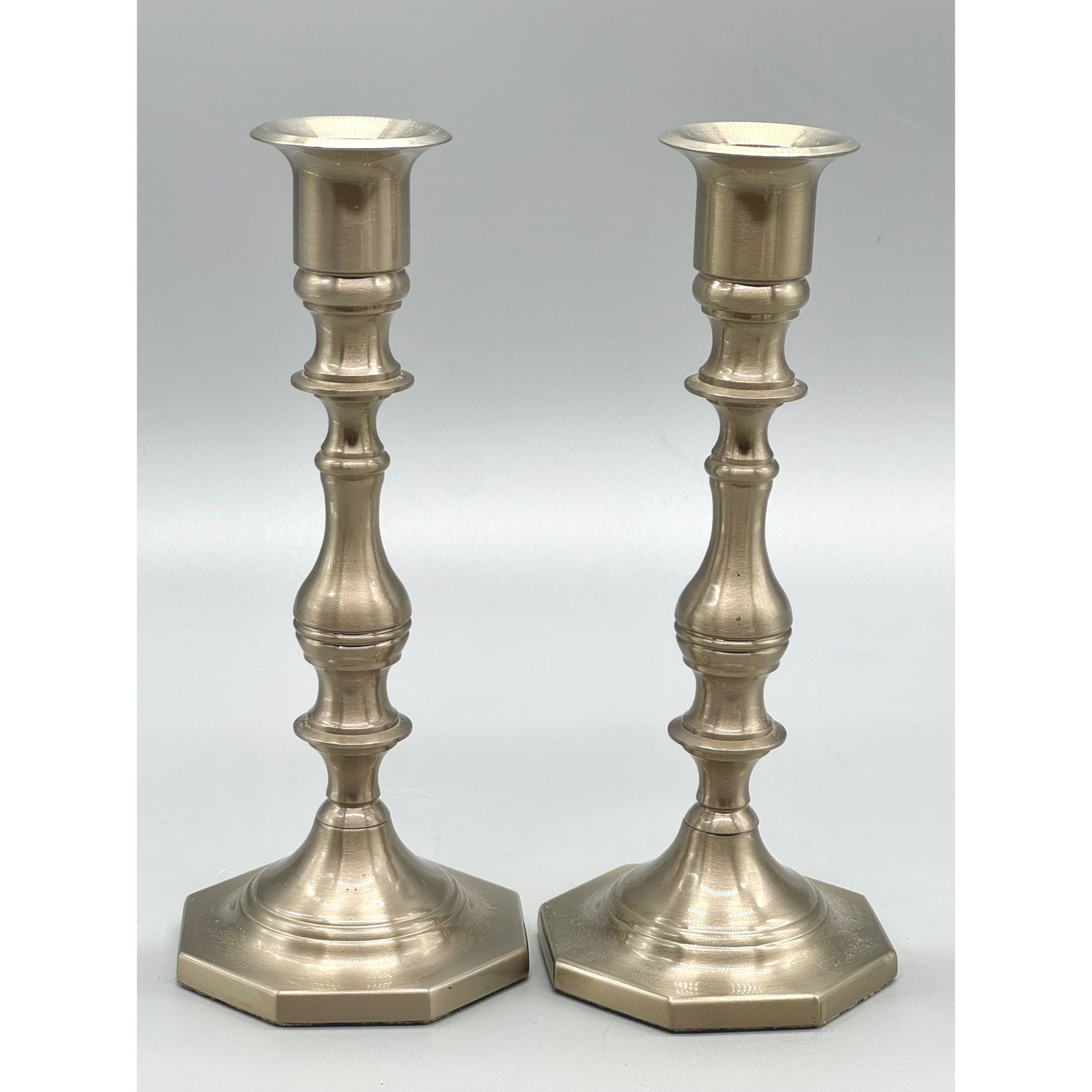 Pewter Candlestick Holders Silver Octagon Base 7 inch Set of 2