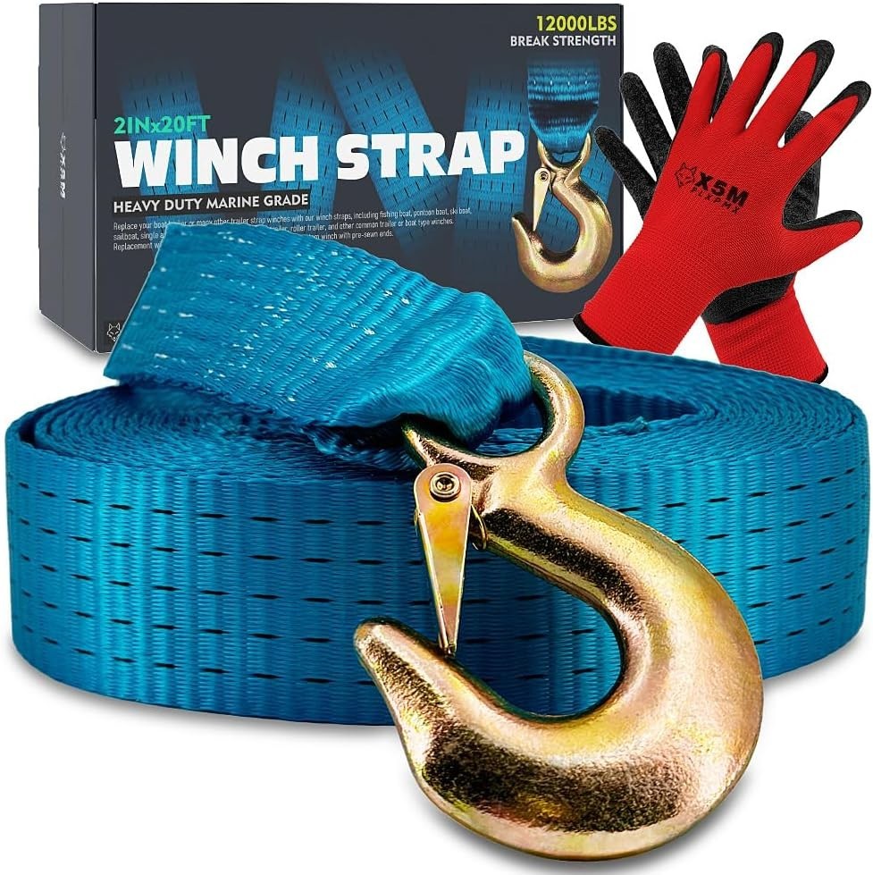 Heavy-Duty Marine-Grade Boat Trailer Winch Strap Kit (2″ x 20′, 12,000 lbs Break