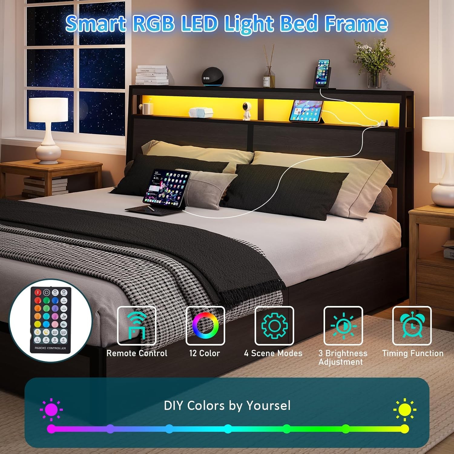 Queen Size LED Bed Frame with Storage Headboard and 4 Drawers Charging Station