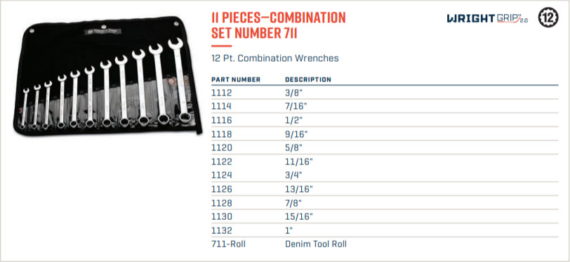 Wright Tool WRIGHTGRIP® 2.0 12 Point Combination Wrench Set 11 Piece SAE 711