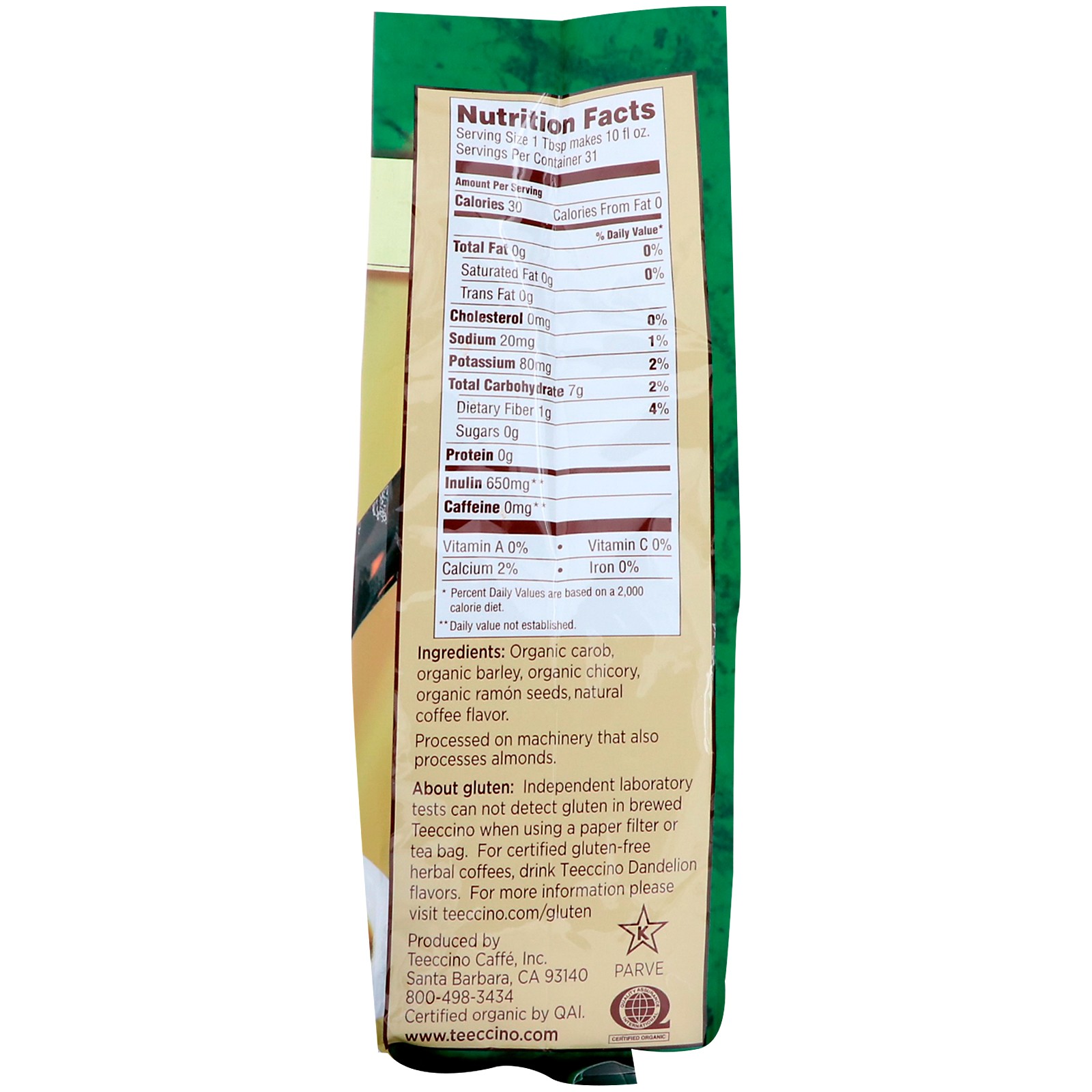 Organic Chicory Herbal Coffee, French Roast, Dark Roast, Caffeine Free, 11 oz