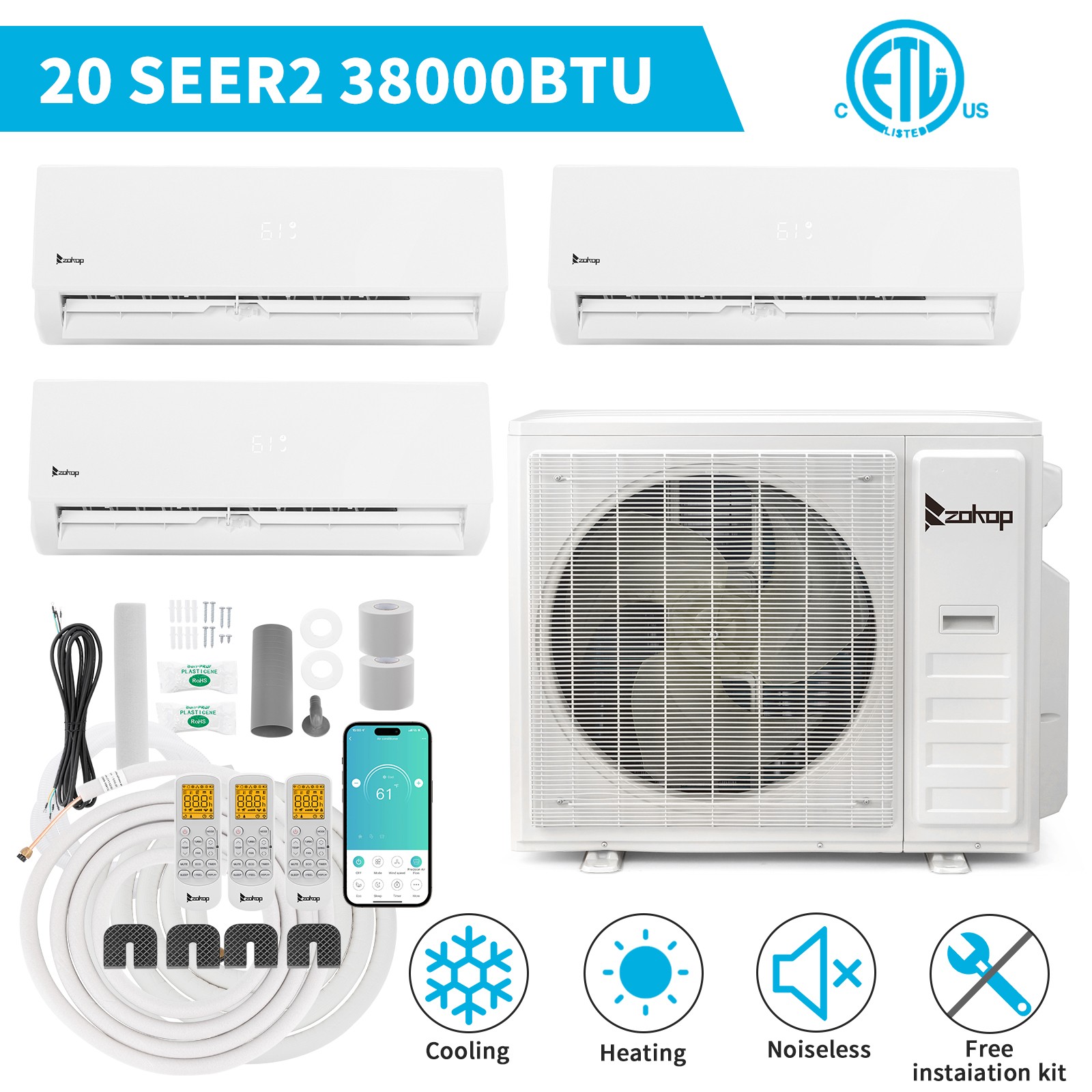 38000 BTU Tri 3 Zone Mini Split Heat Pump Air Conditioner 2 x 12000 + 18000 BTU