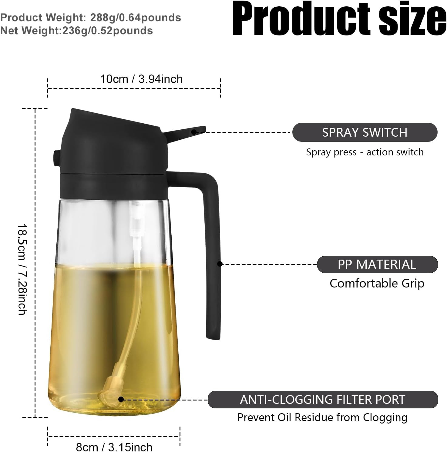2 in 1 Glass Oil Sprayer & Dispenser,16oz/470ml Olive Cooking, Air Fryer, and Sa