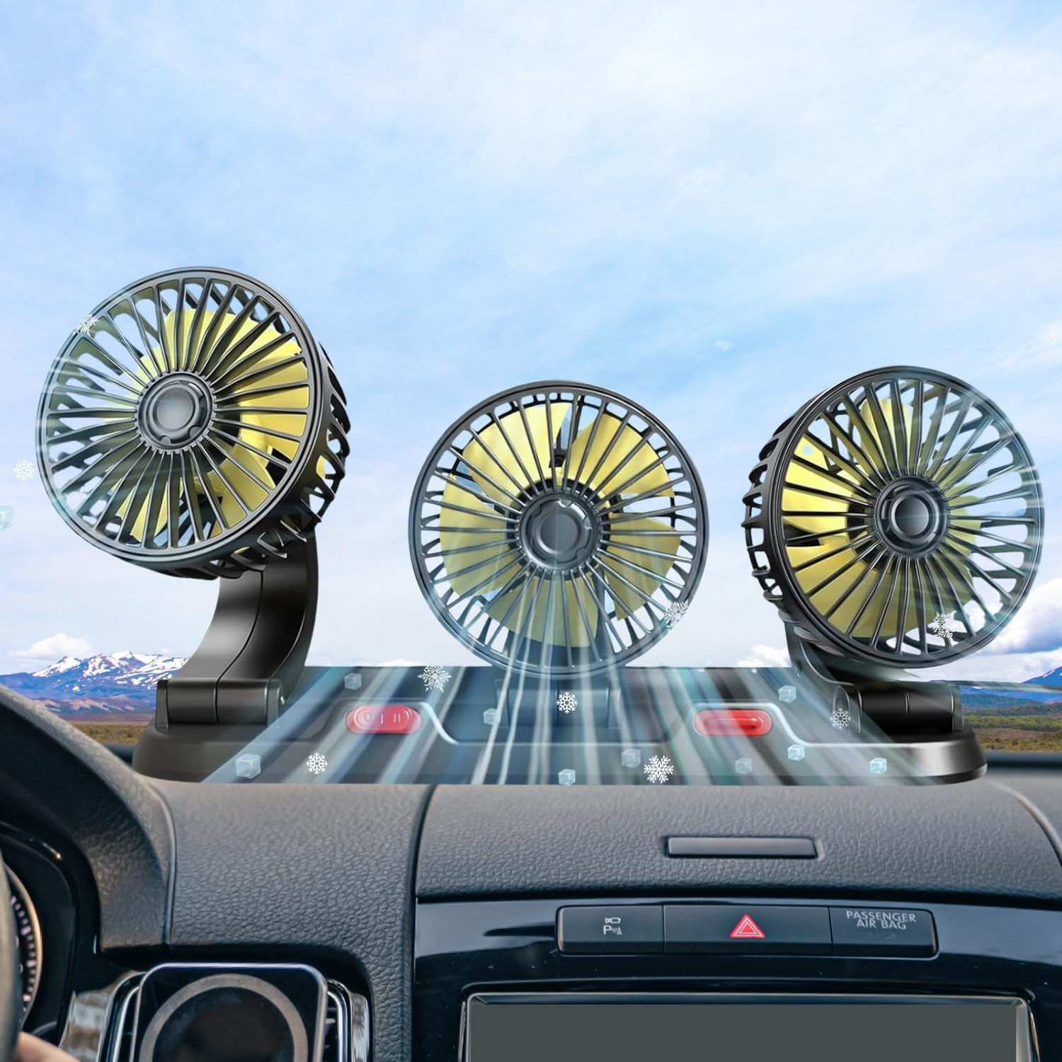 Crethinkaty 12V Car Cooling Three-Head Fan, 360° Rotation, 2-Speed Adjustable, 5