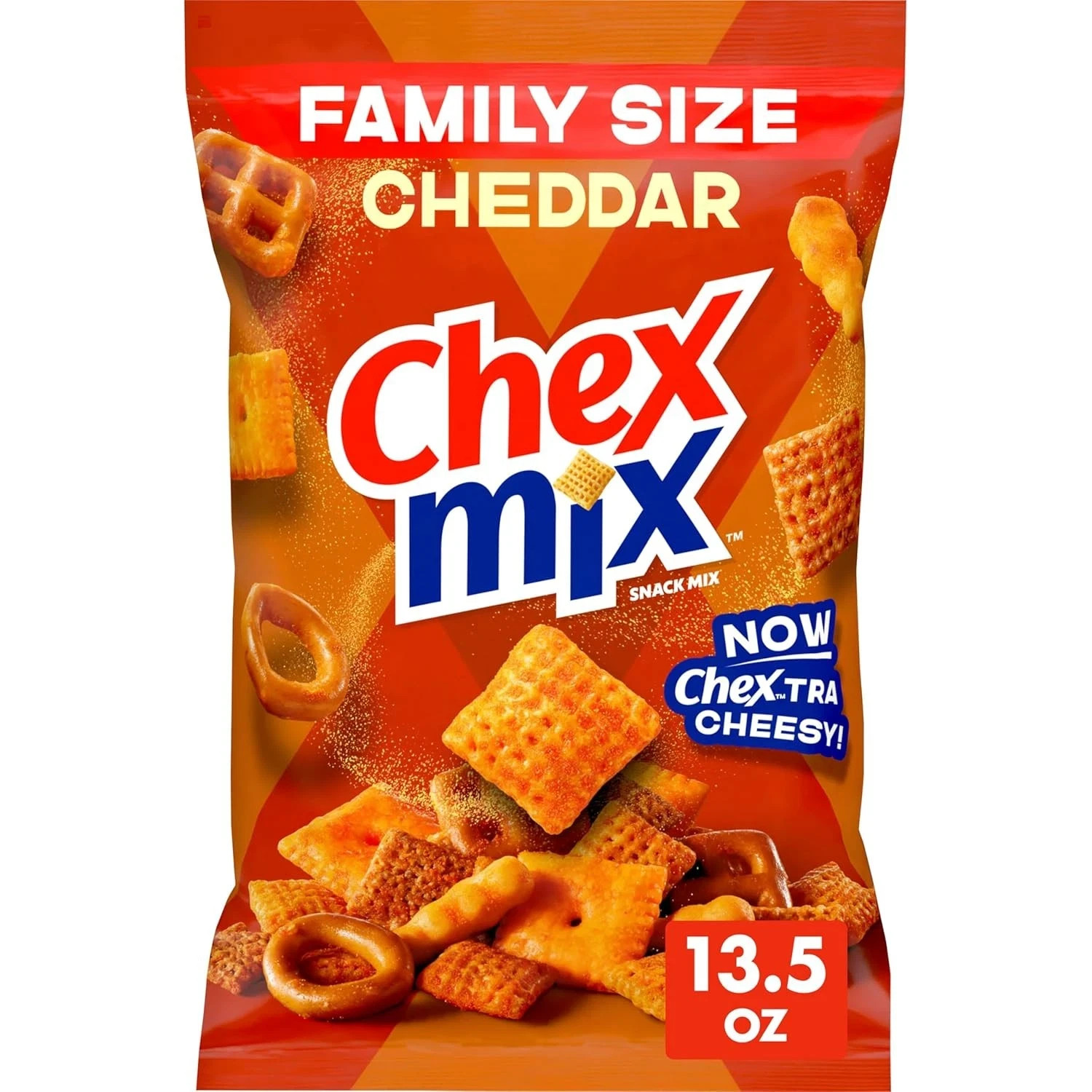Chex Mix Cheddar Snack Mix, Savory Snack Bag, Family Size, 13.5 oz