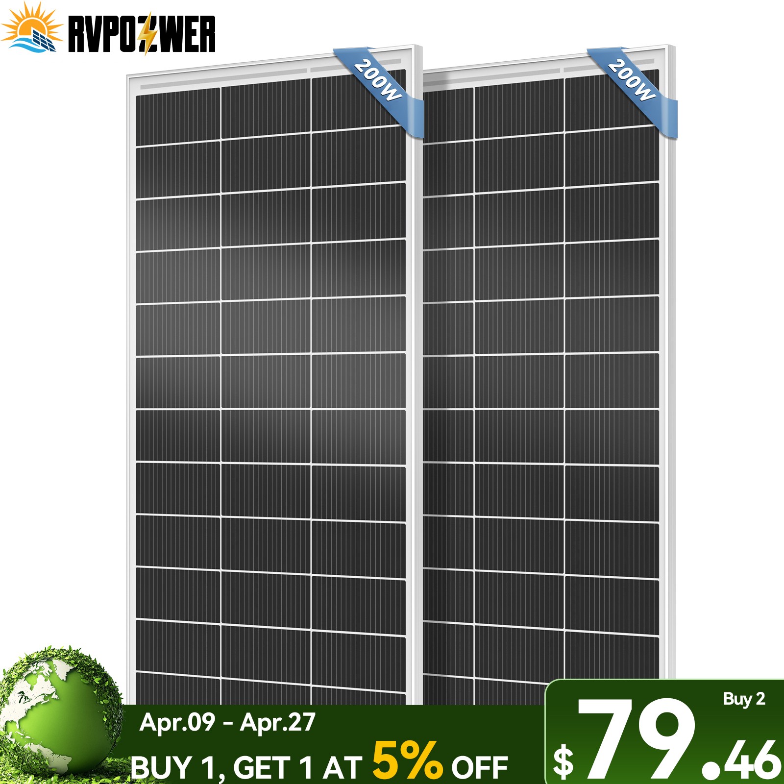 400W N-Type 18BB Solar Panel PV Off-Grid Home, RV, Boat Battery Power Charging