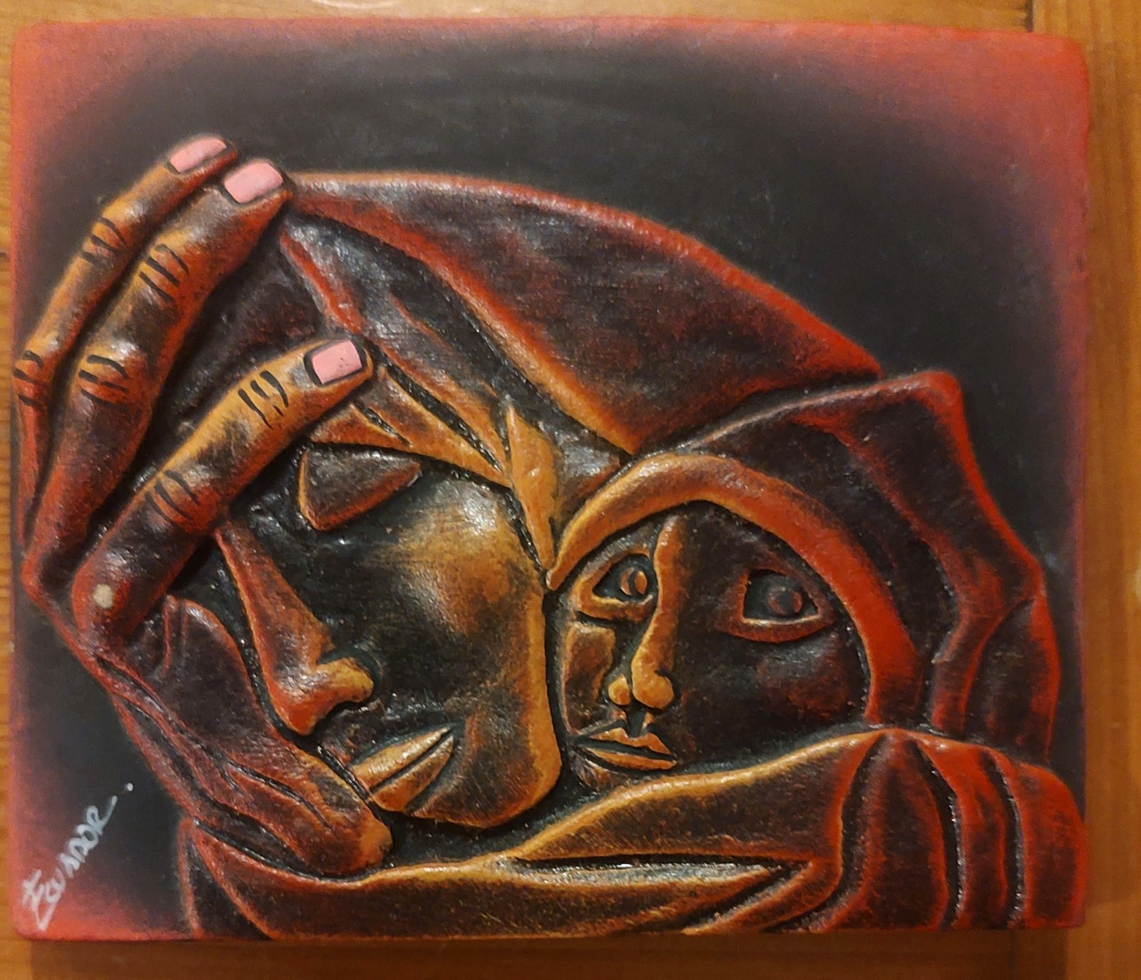 Vintage Eduardo Kingman Style Relief Wall Plaque Ecuador 4x 4.5 Dos Existencias